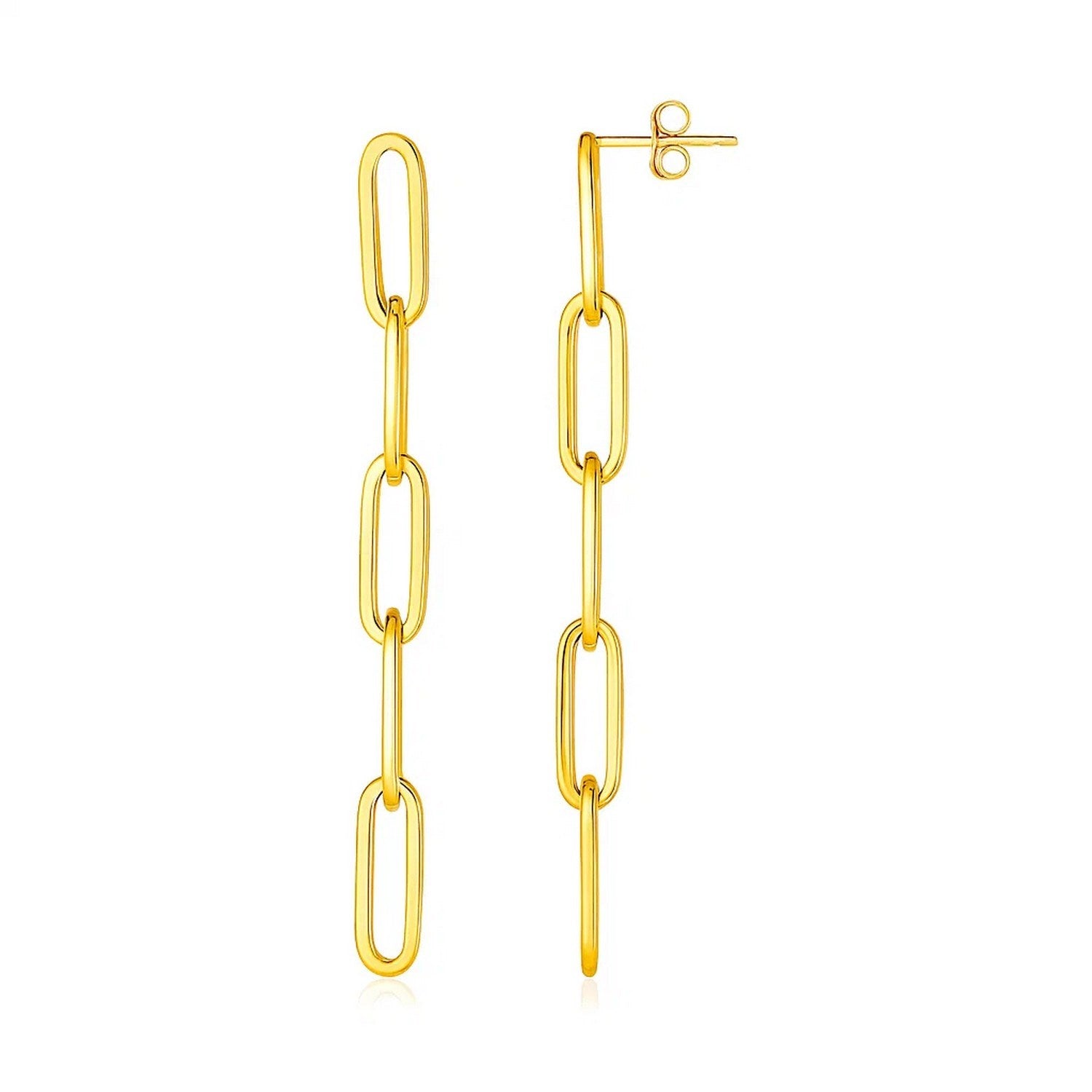 14K yellow gold five-link paperclip chain dangle earrings with pushback clasps.