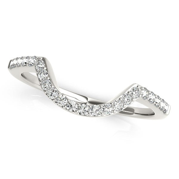 14k white gold curved diamond wedding band with pave set round diamonds.