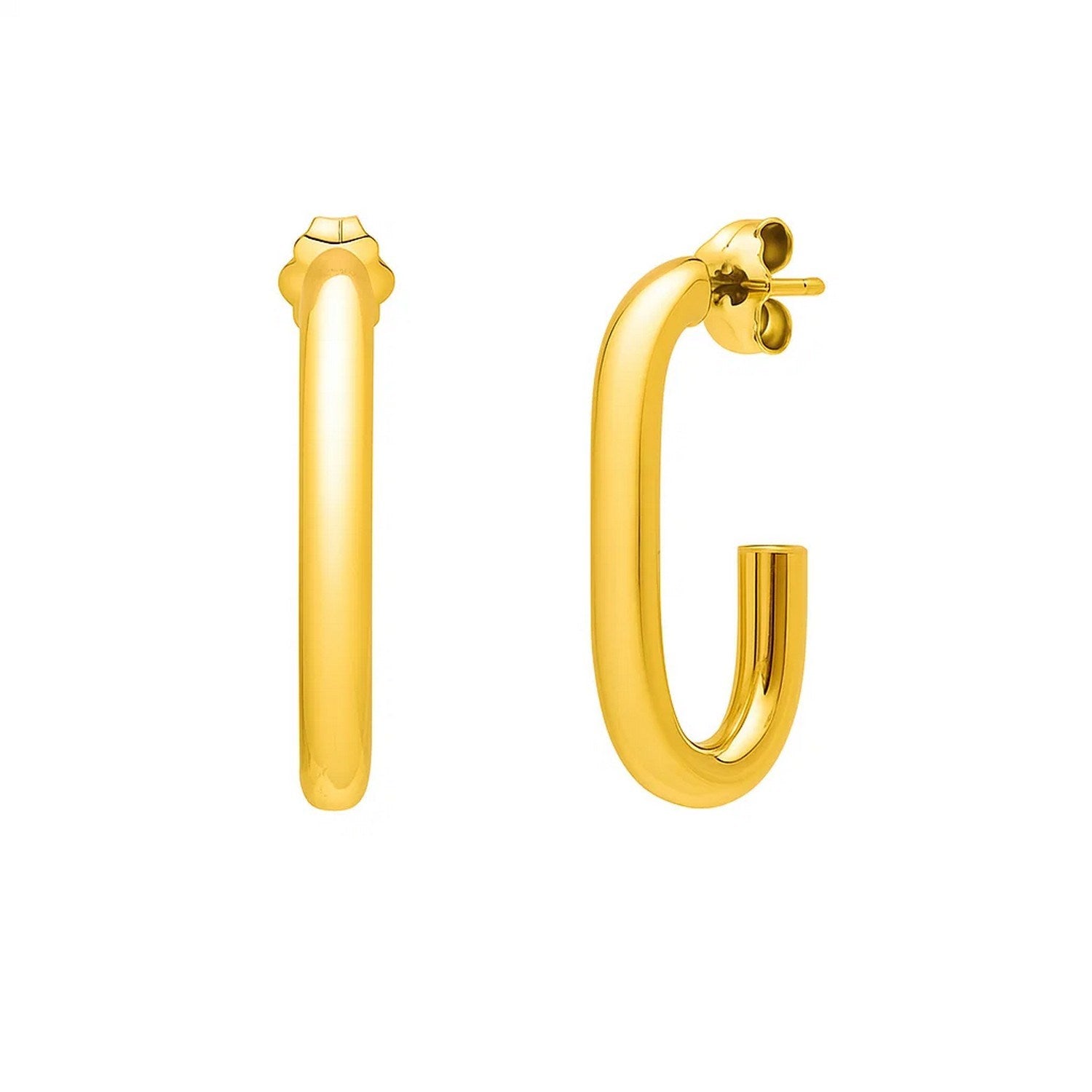 14K yellow gold paperclip hoop earrings with a J-tube design and push-back clasp.