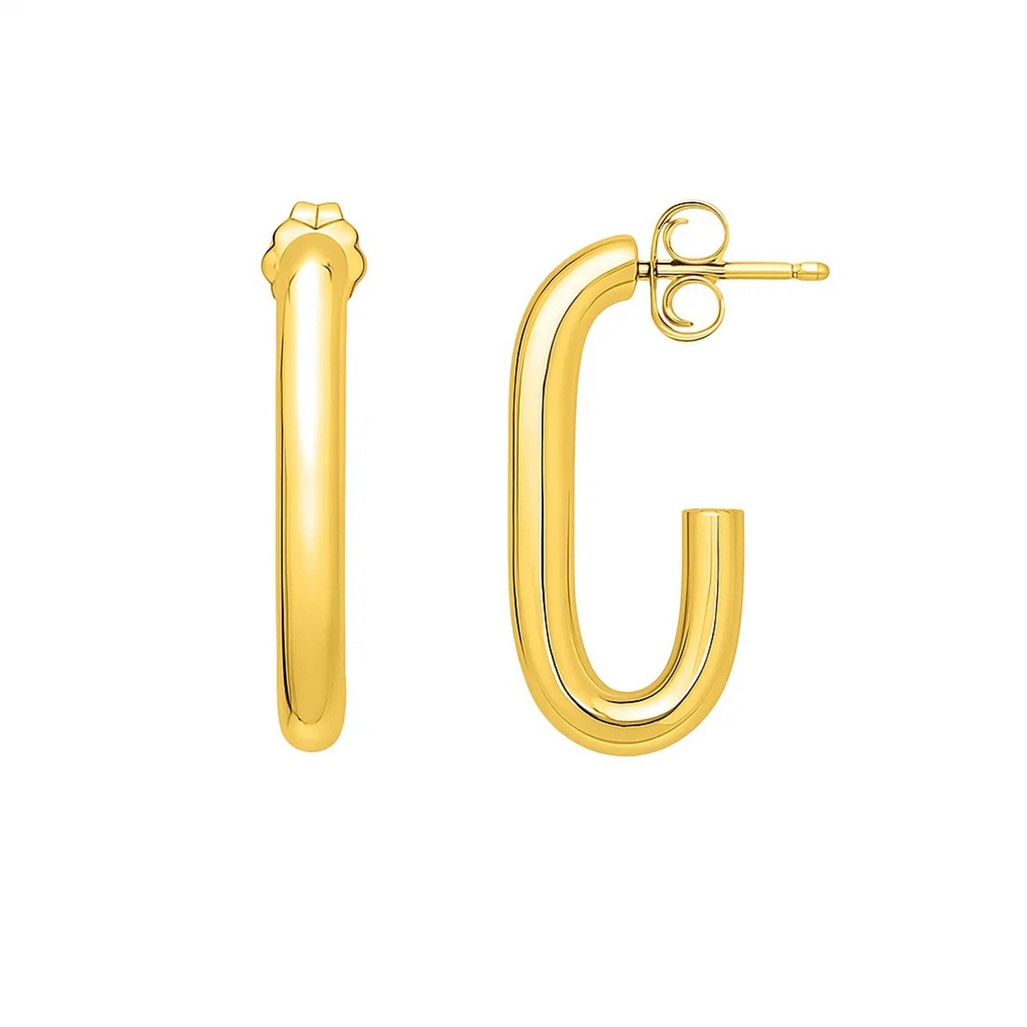 A pair of polished 14K yellow gold paperclip hoop earrings with push-back clasps.
