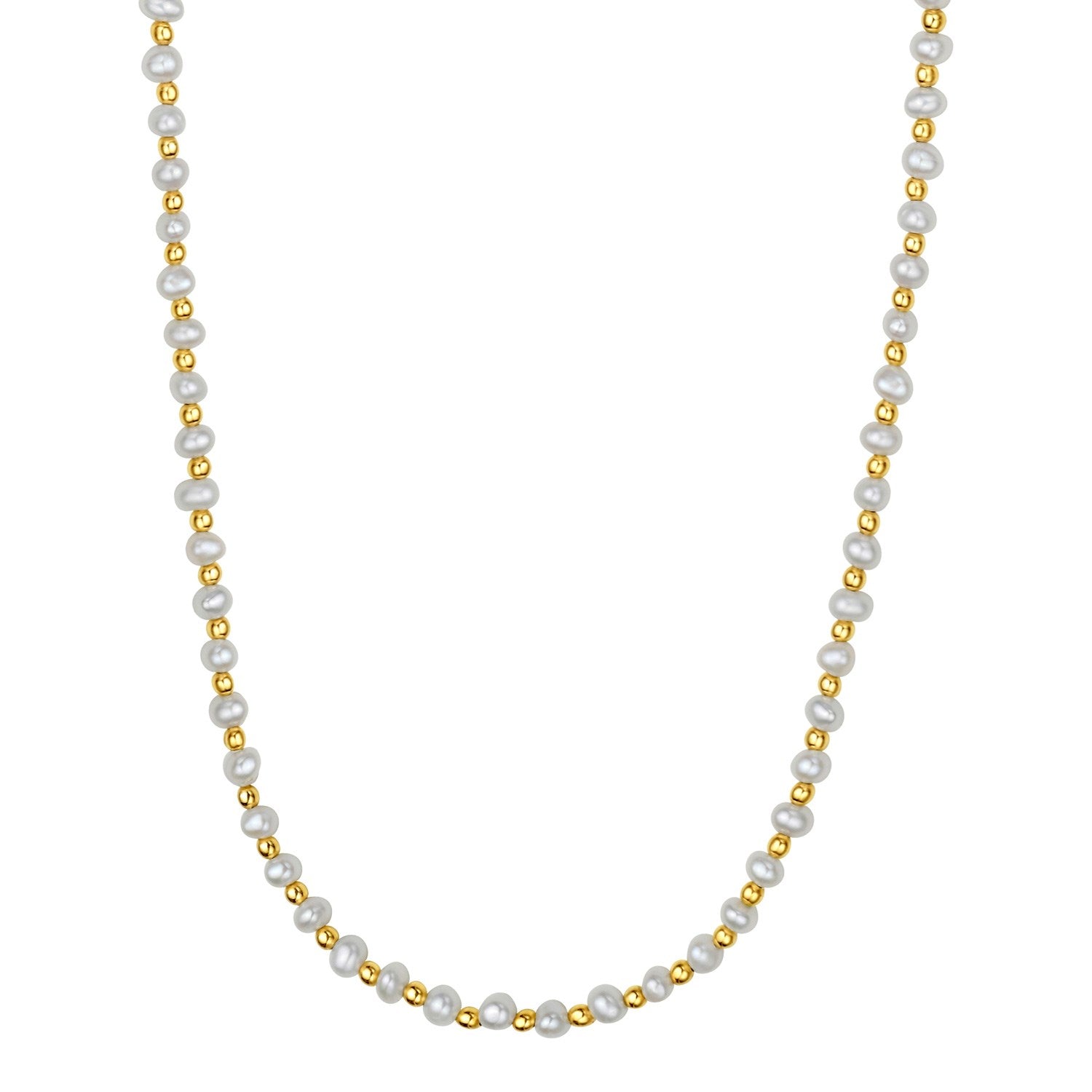 A necklace with alternating white pearls and small gold beads.