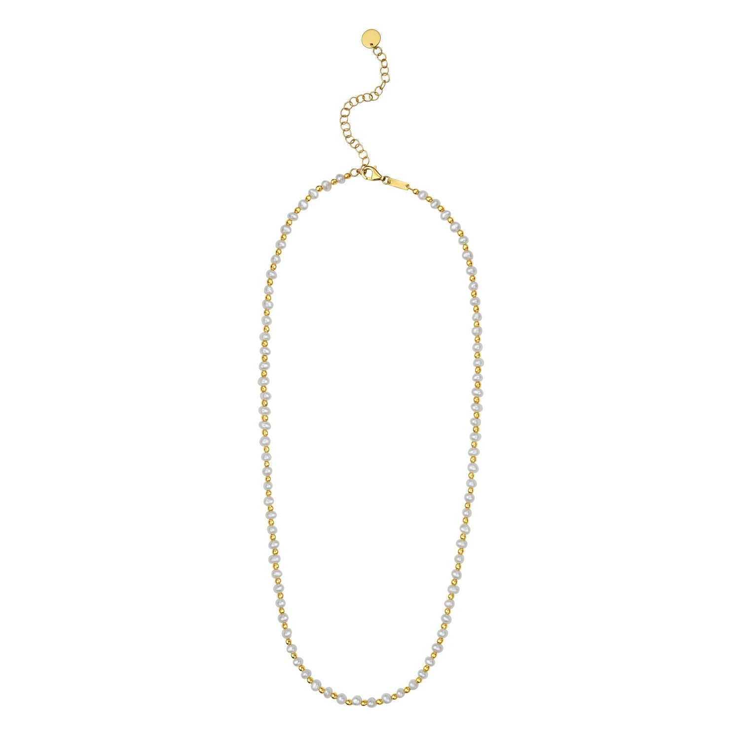 A 14K yellow gold necklace with alternating gold beads and white pearls.
