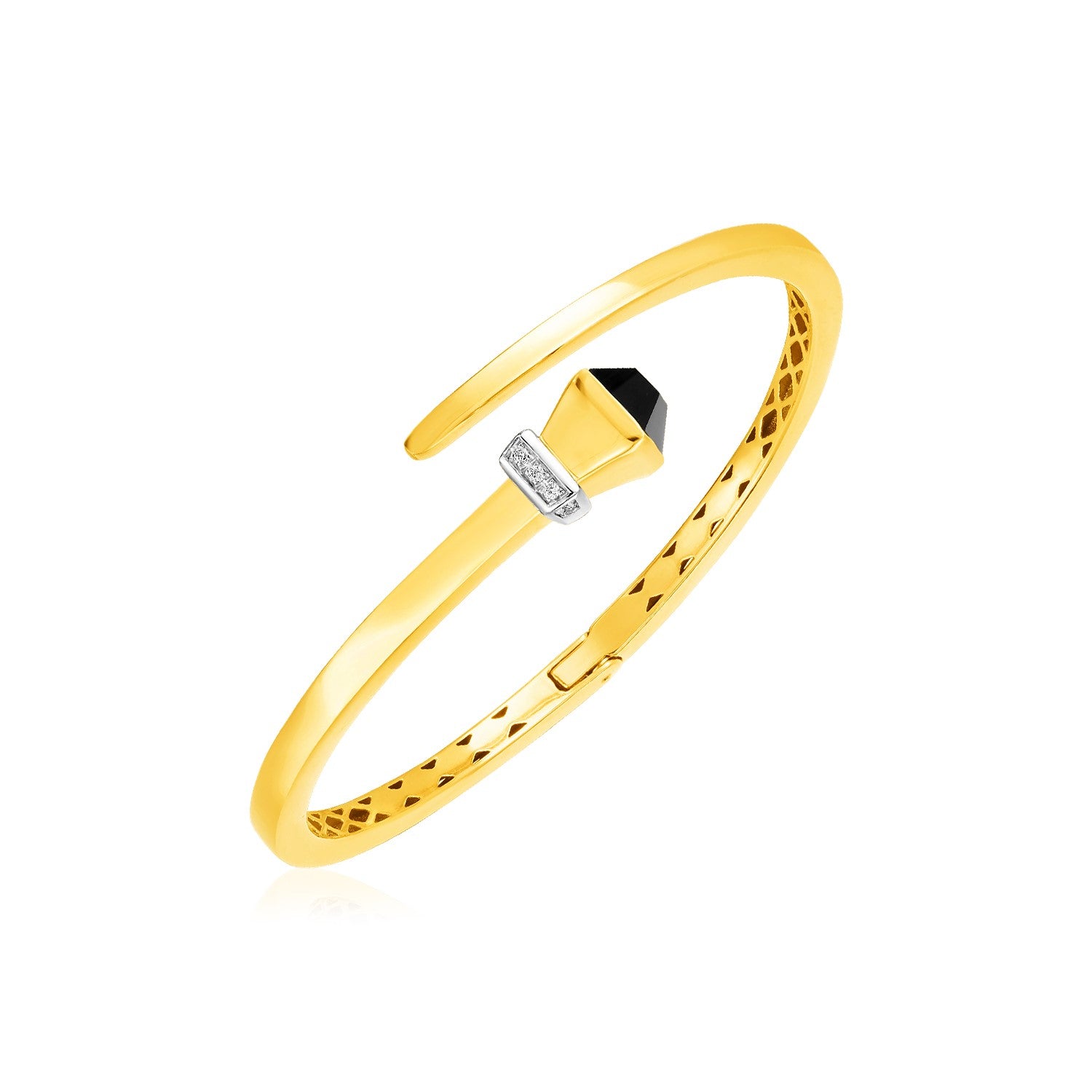 14k yellow gold crossover hinged bangle bracelet with onyx and diamonds.