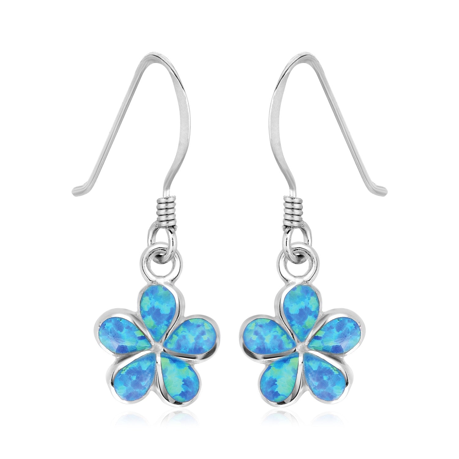 Sterling silver flower dangle earrings with blue opal petals.