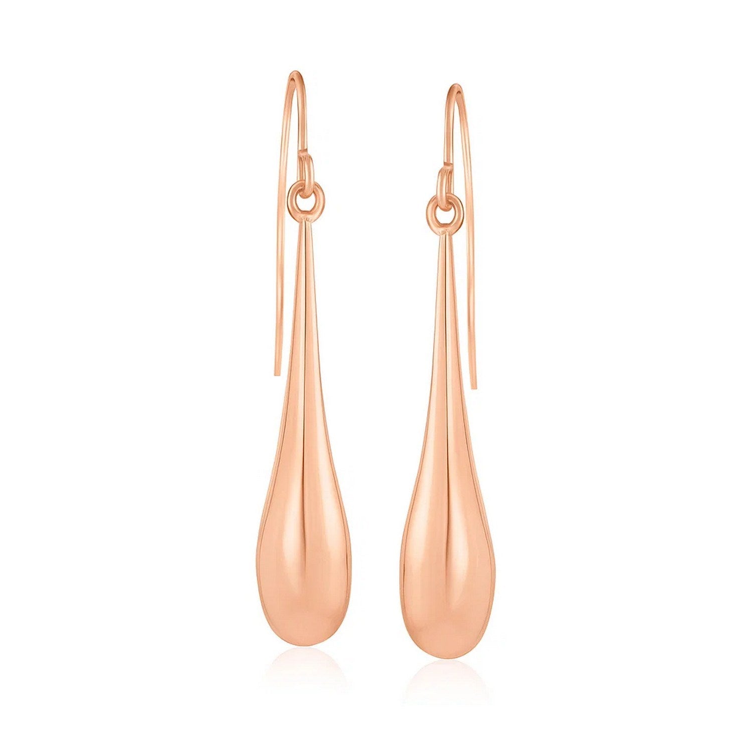 14k rose gold long polished teardrop dangling earrings with french wire backings.