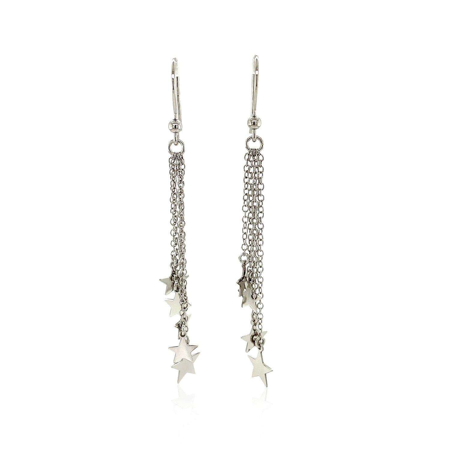 Sterling silver tassel earrings with polished star charms on Euro wires.