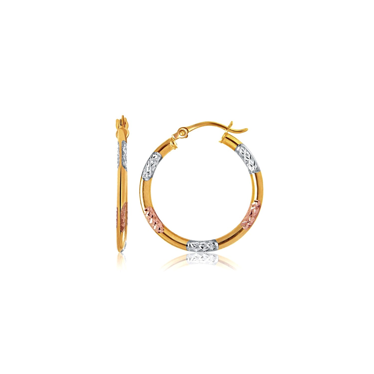 10k tri-color gold classic hoop earrings with diamond cut details.