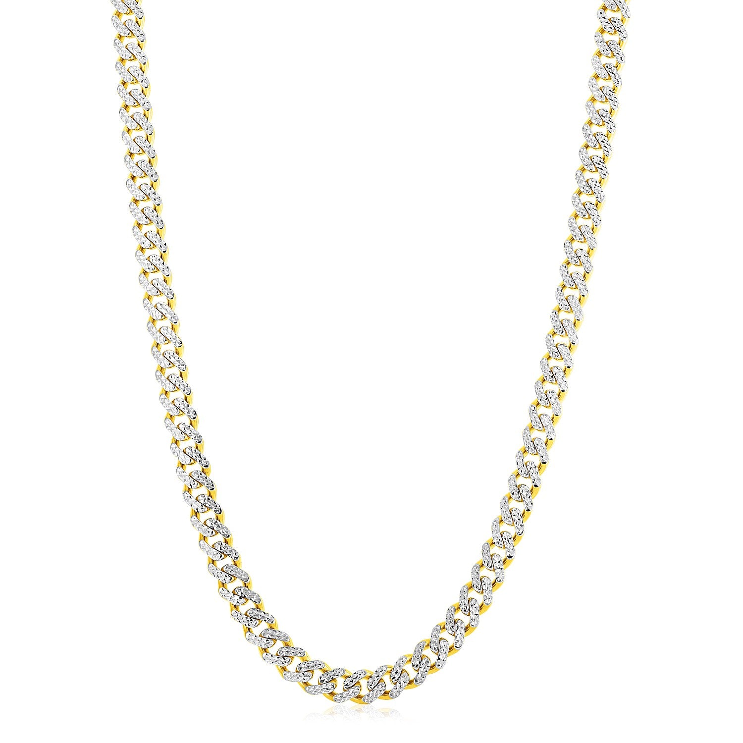 A two-tone 14k yellow gold and white pave Miami Cuban chain.