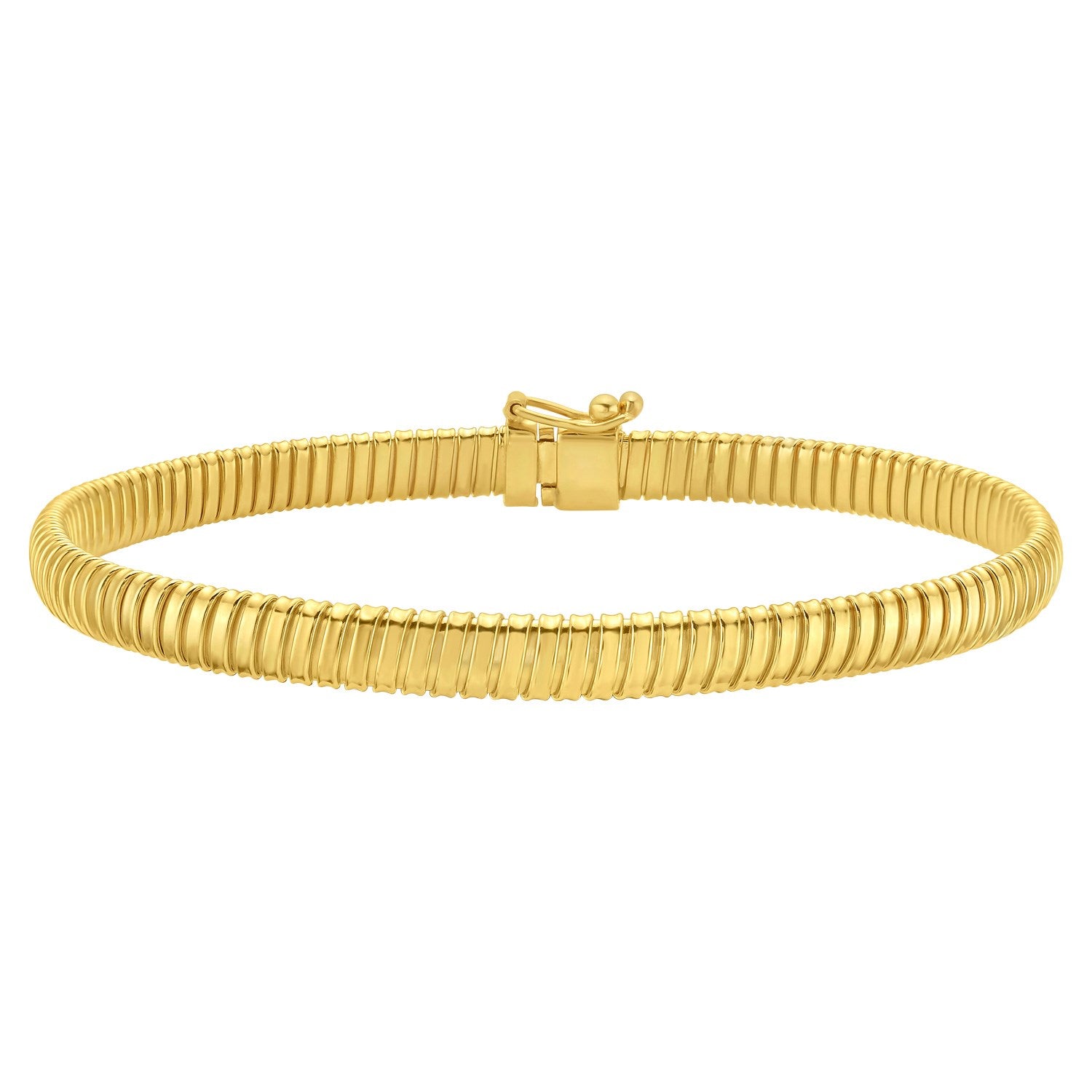14K yellow gold Tubogas bracelet with a flexible coil design and box clasp.