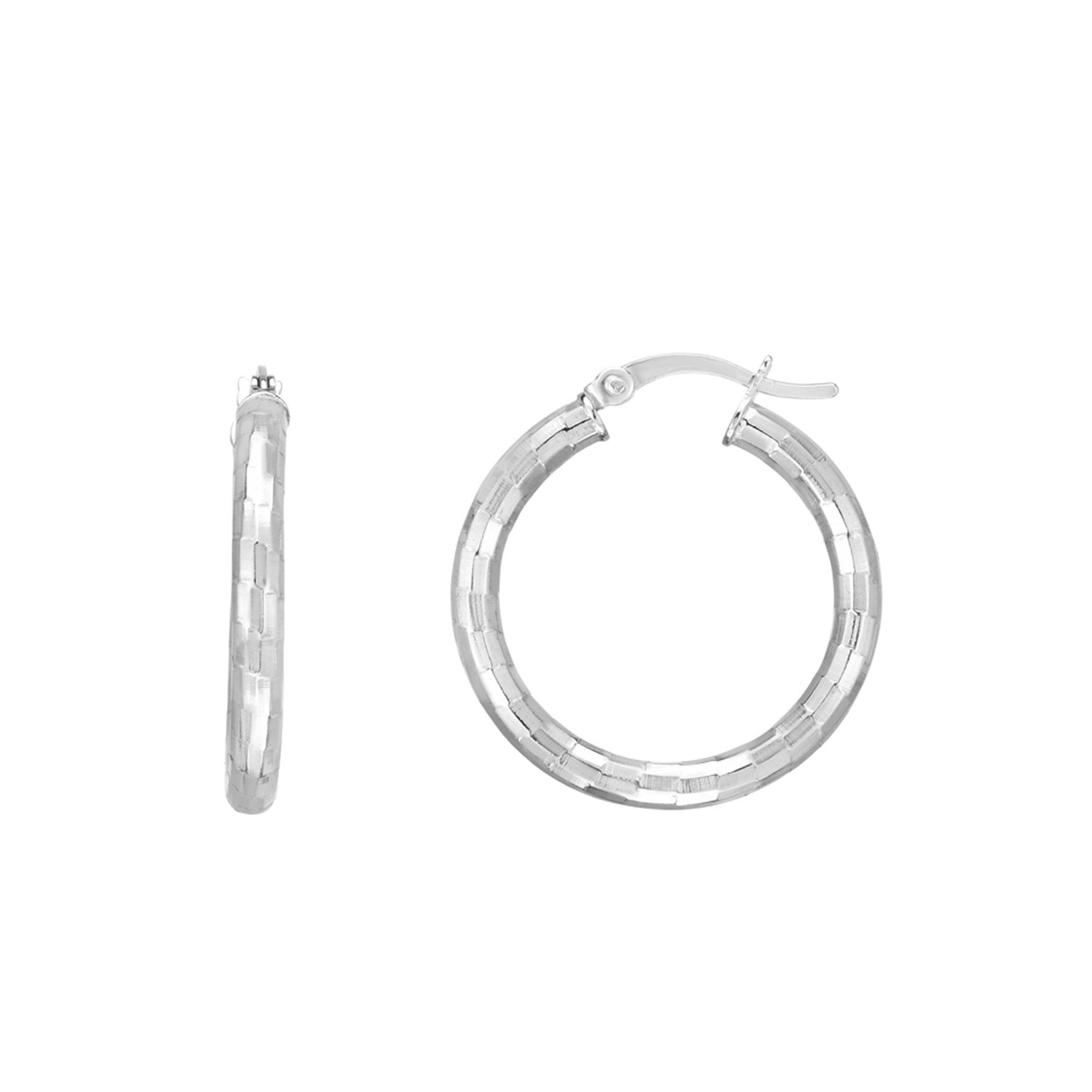 Sterling silver hammered hoop earrings with hinged snap backs.
