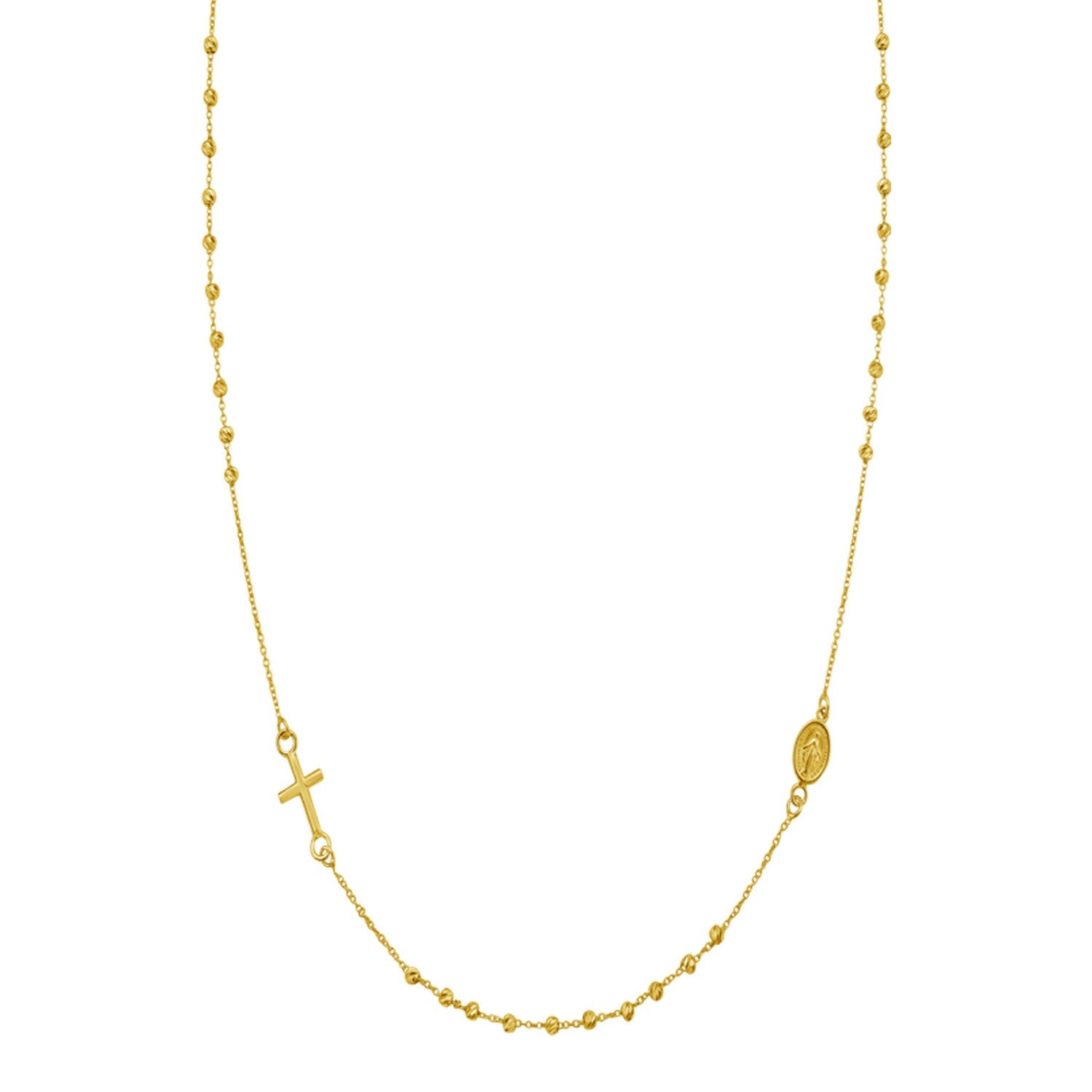 14K yellow gold rosary necklace with a cross and Miraculous Medal.