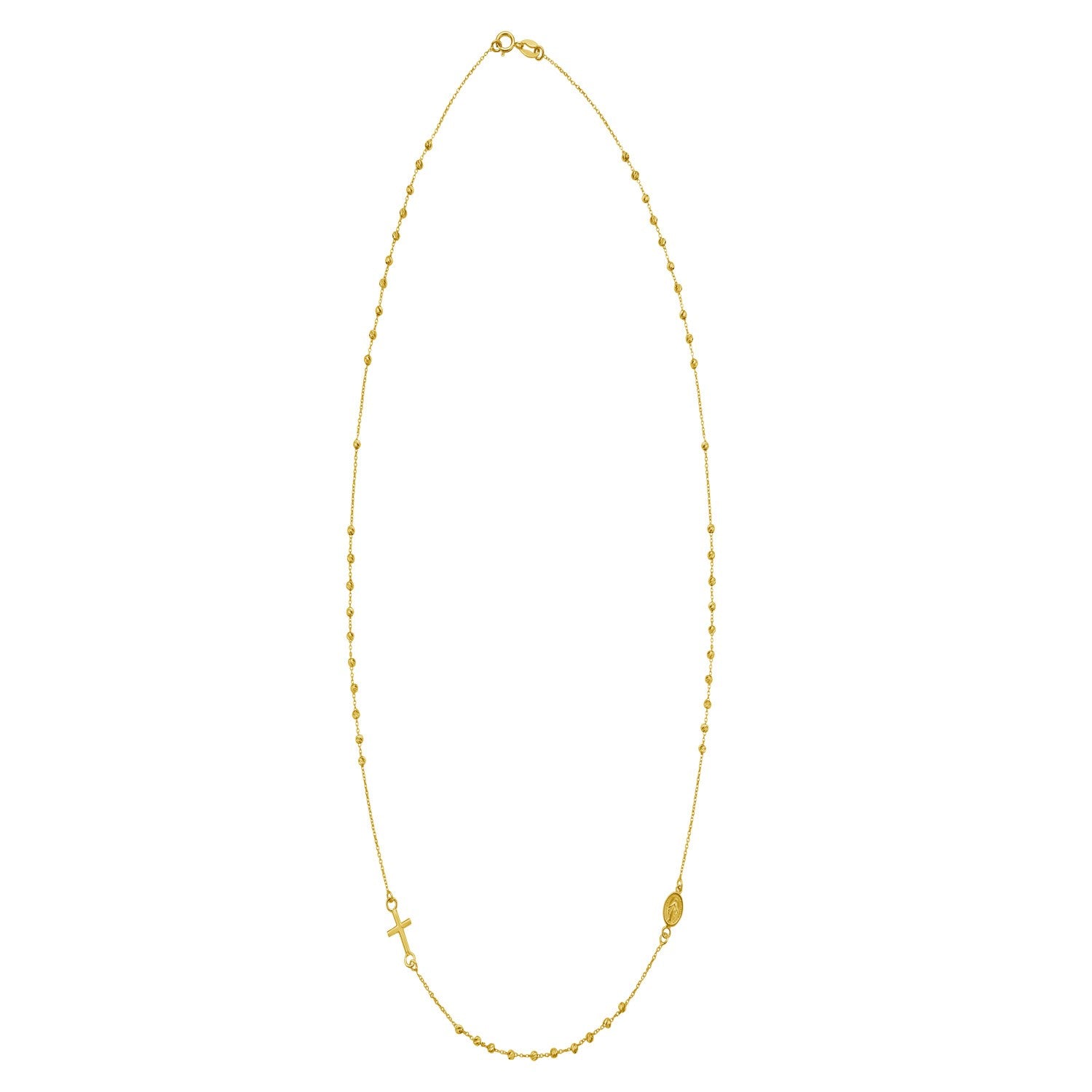 14K yellow gold rosary necklace with a cross and Virgin Mary medal.