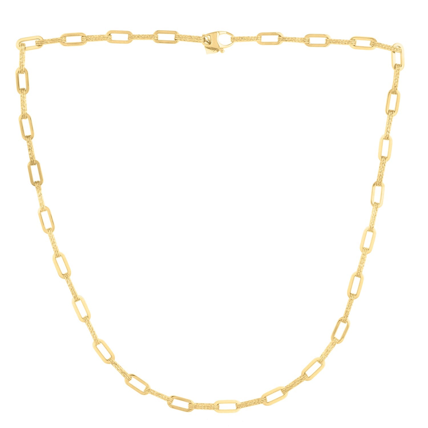 14k yellow gold diamante paperclip chain necklace with a lobster clasp.