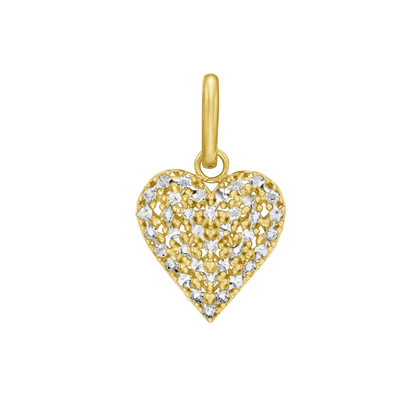 14K yellow gold heart charm with a diamond-cut pave design.