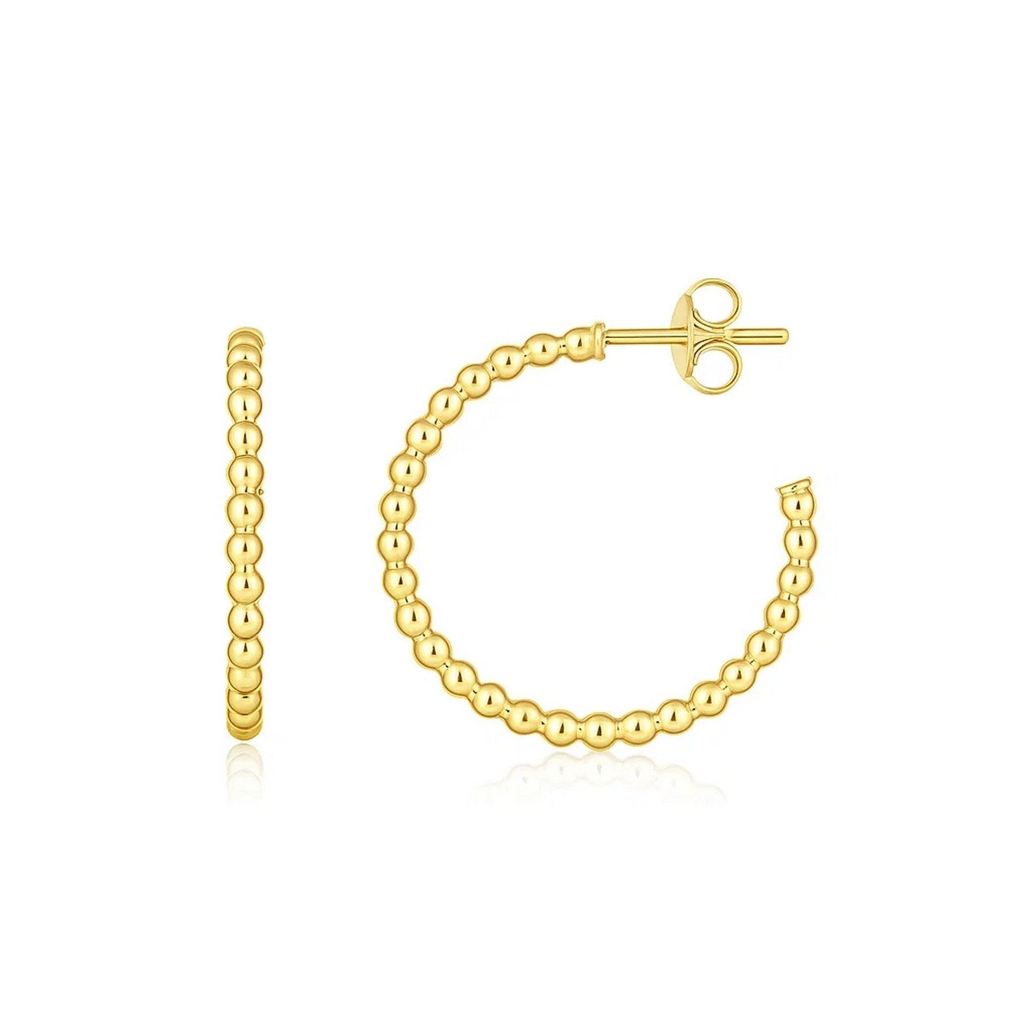 Pair of 14K yellow gold beaded hoop earrings with push-back closures.