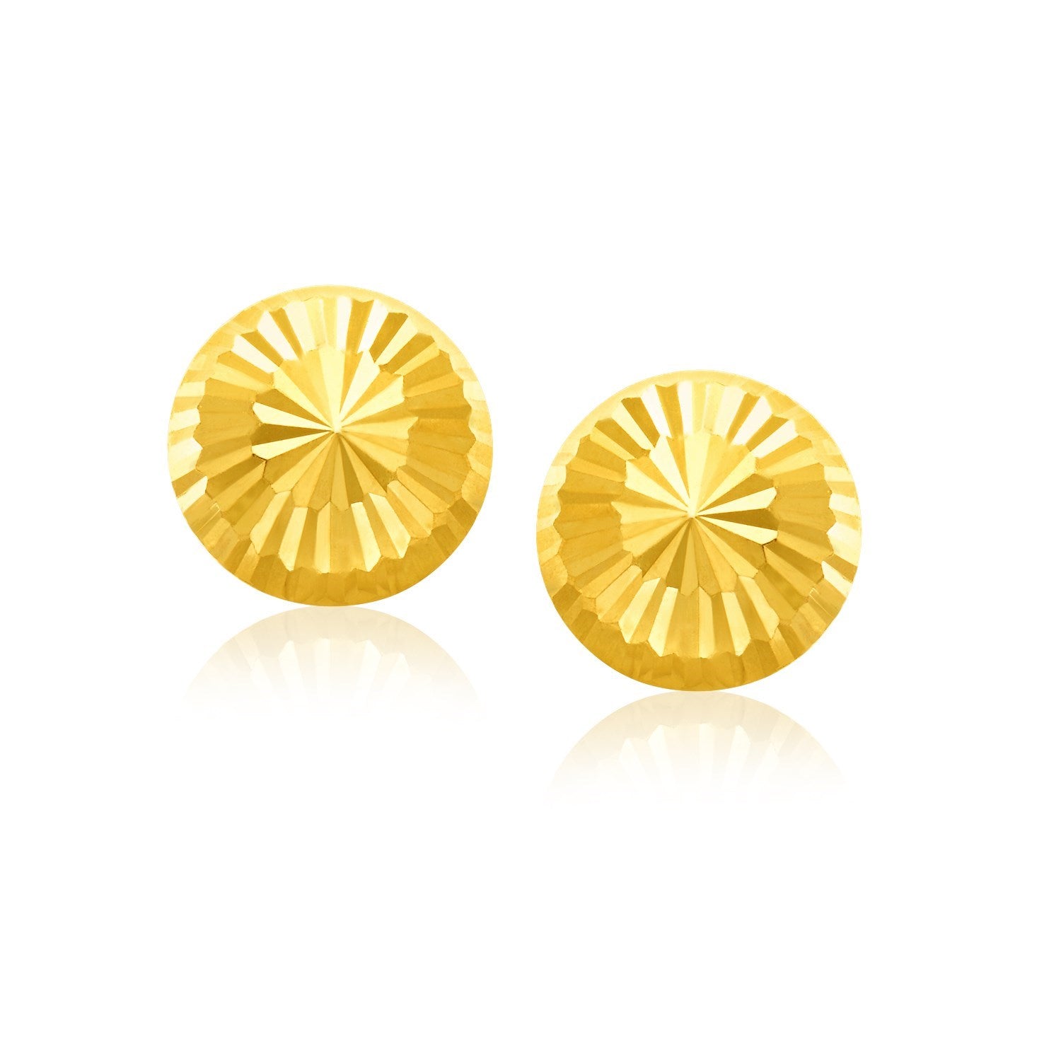 14k yellow gold diamond-cut flat design stud earrings with a sunburst pattern.