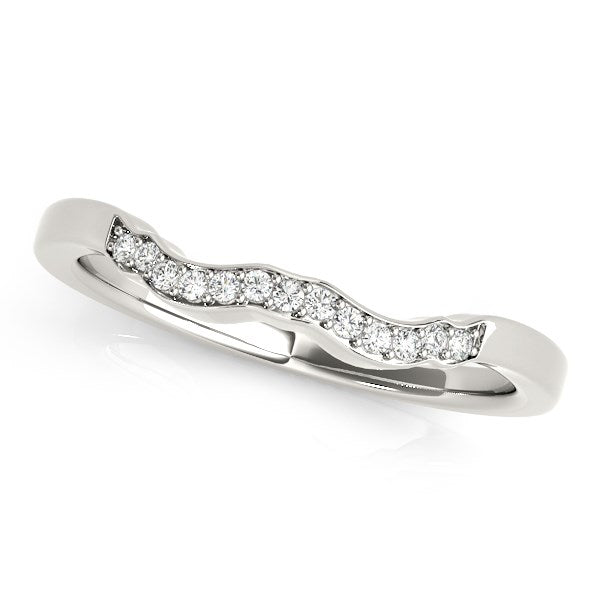 14k white gold wavy diamond wedding ring with pave-set round diamonds.