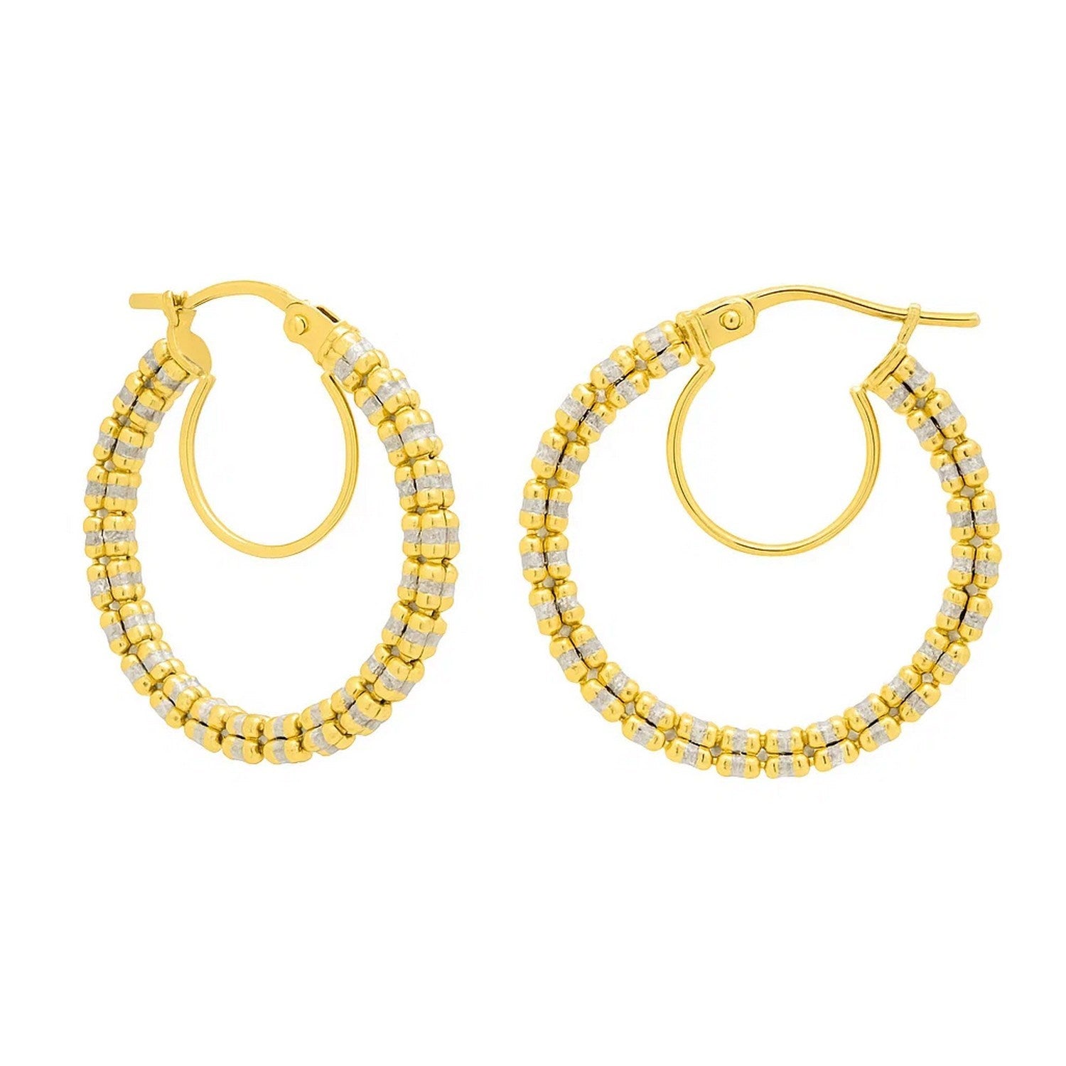 14K two-tone gold iced round hoop earrings with a textured beaded finish.