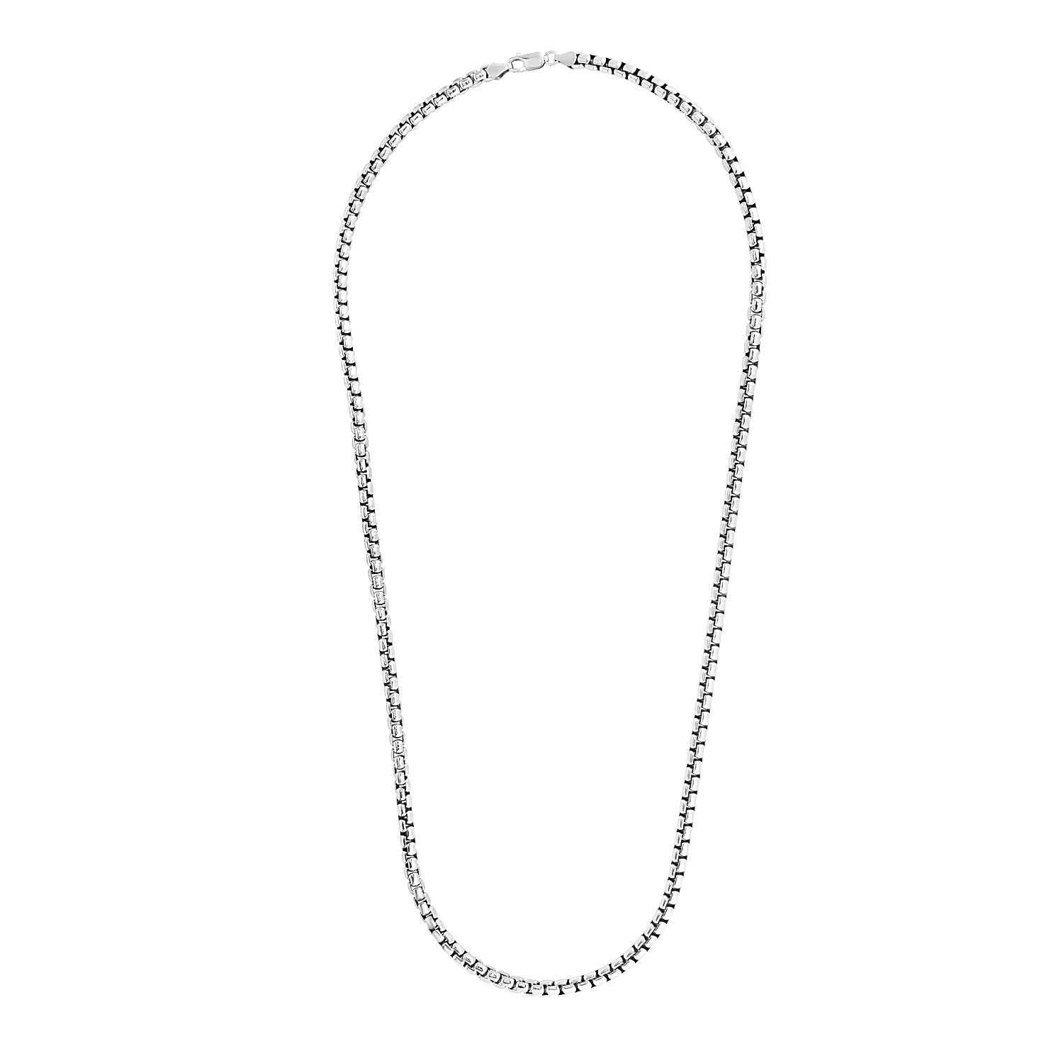 Sterling silver rhodium-plated round box chain with a lobster clasp.