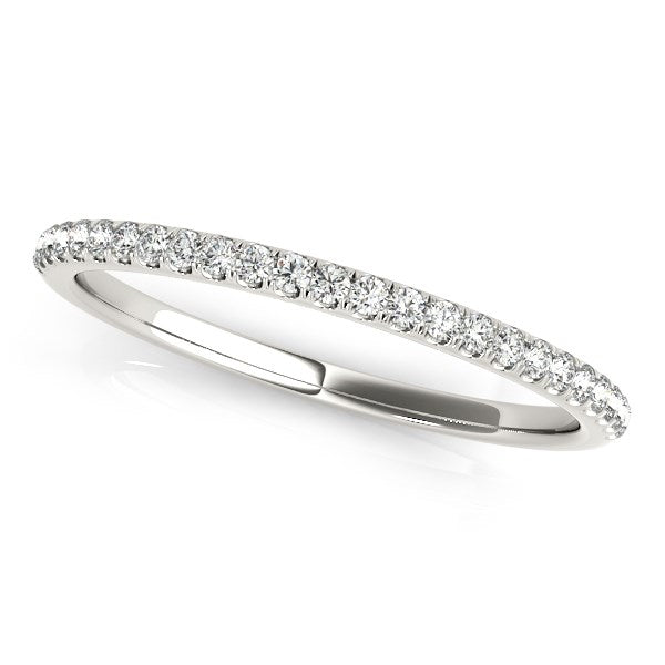 14k white gold wedding band with pave set round diamonds.