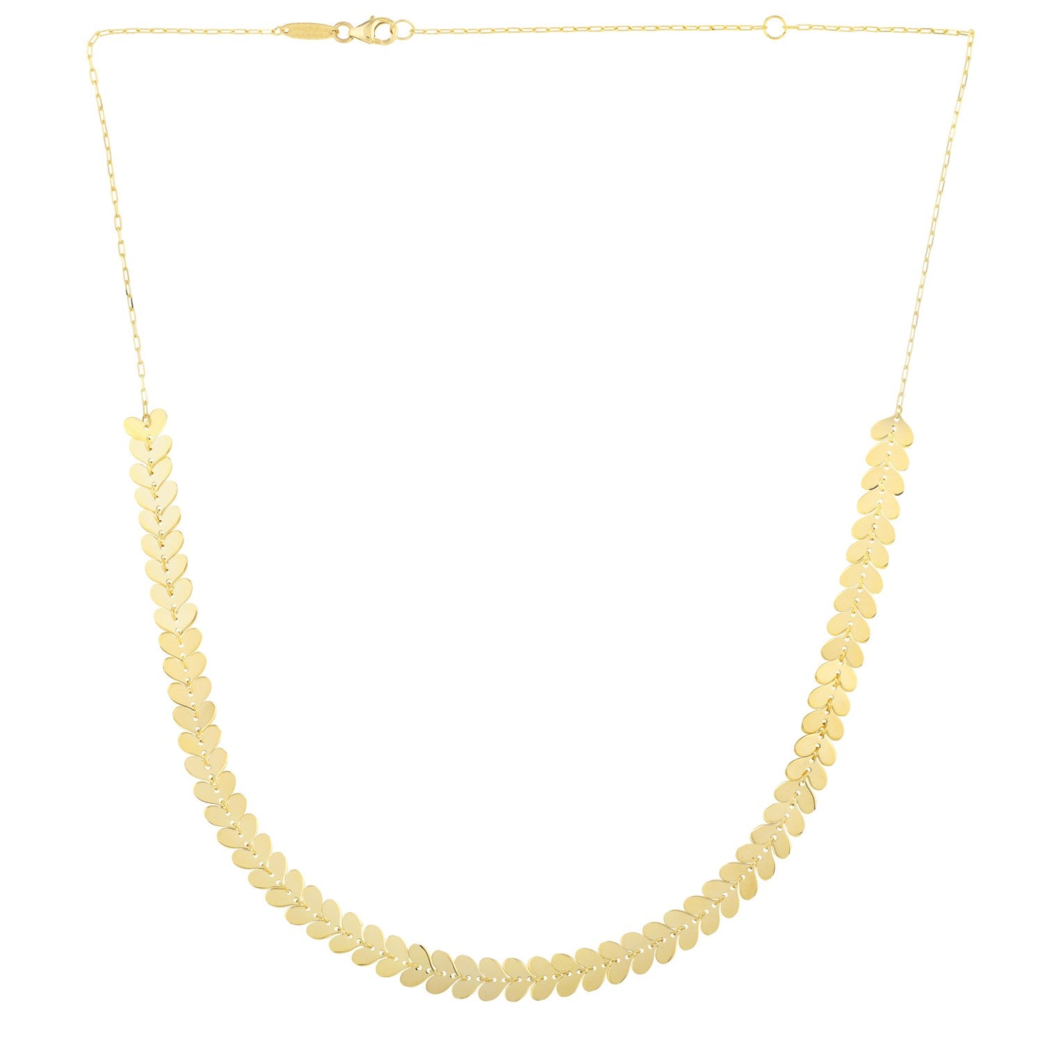 14k yellow gold necklace with polished heart-shaped links.
