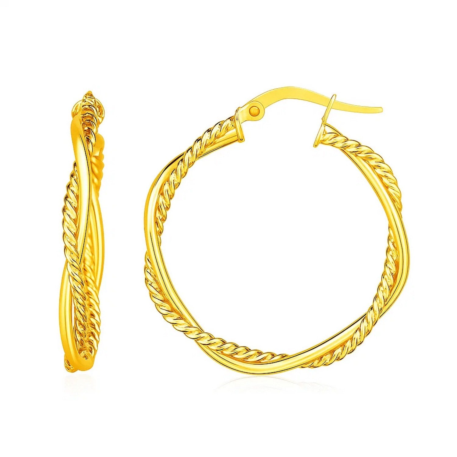 14k yellow gold two-part textured twisted round hoop earrings with hinged clasps.