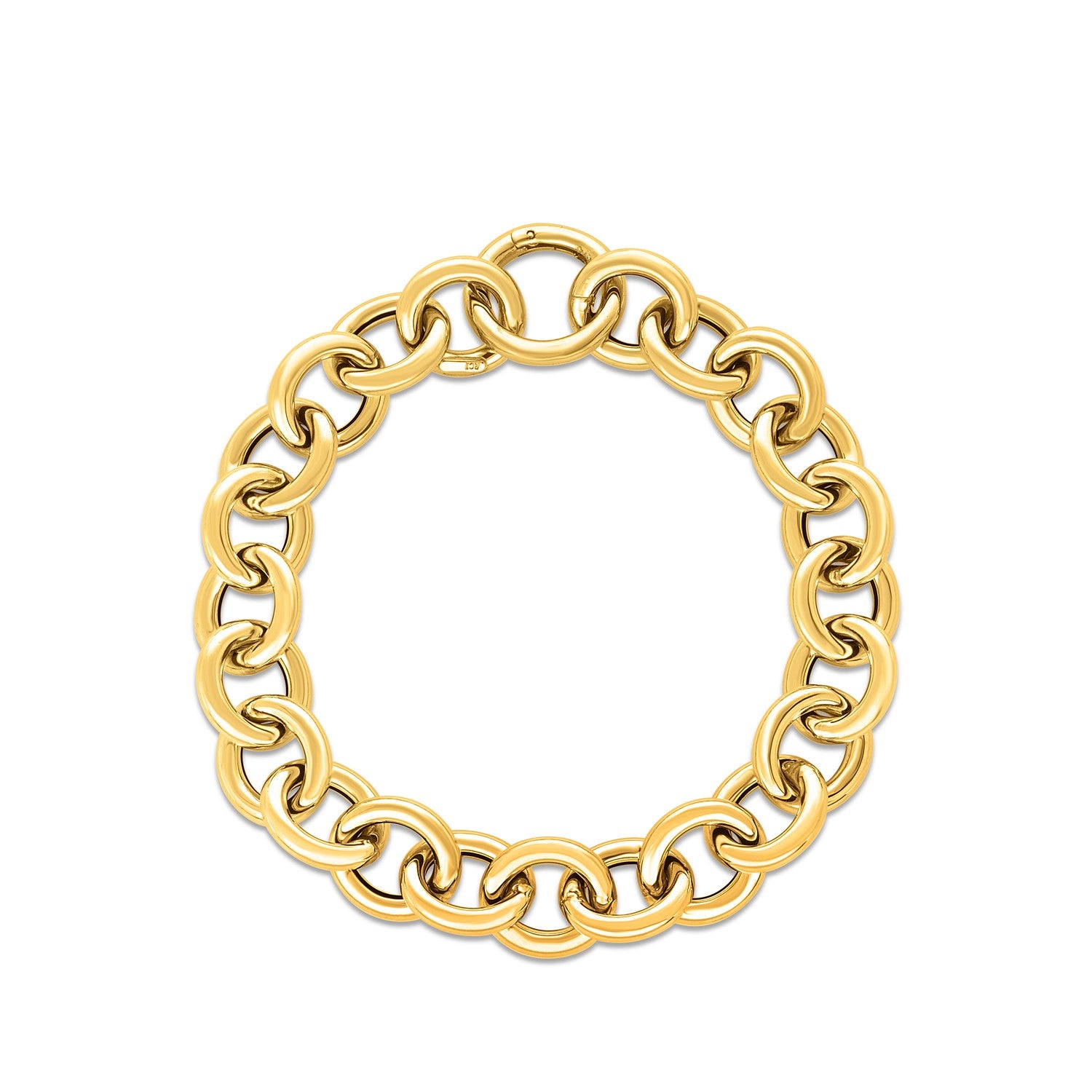 14k yellow gold round link bracelet with a high polish finish and push clasp.