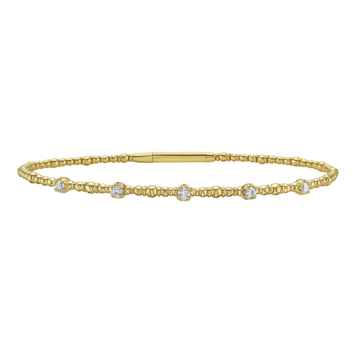 A 14K yellow gold beaded bracelet with five evenly spaced diamonds.