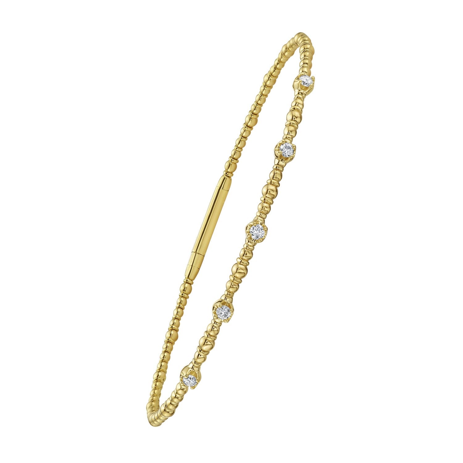 Classic 14K yellow gold beaded bracelet with five evenly spaced diamonds.
