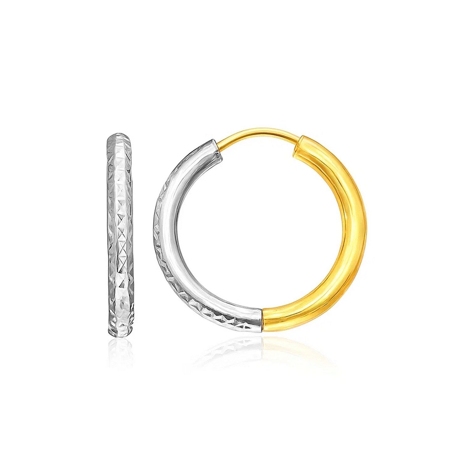 Two-tone 14k gold hoop earrings with a textured, diamond-cut pattern.