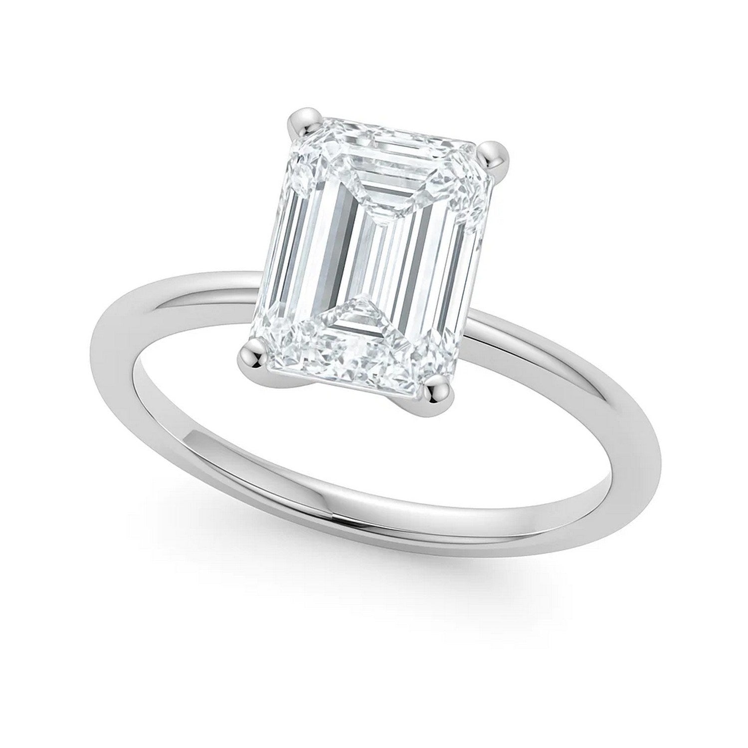 A 10K white gold solitaire ring with a 2 carat emerald lab-grown diamond.
