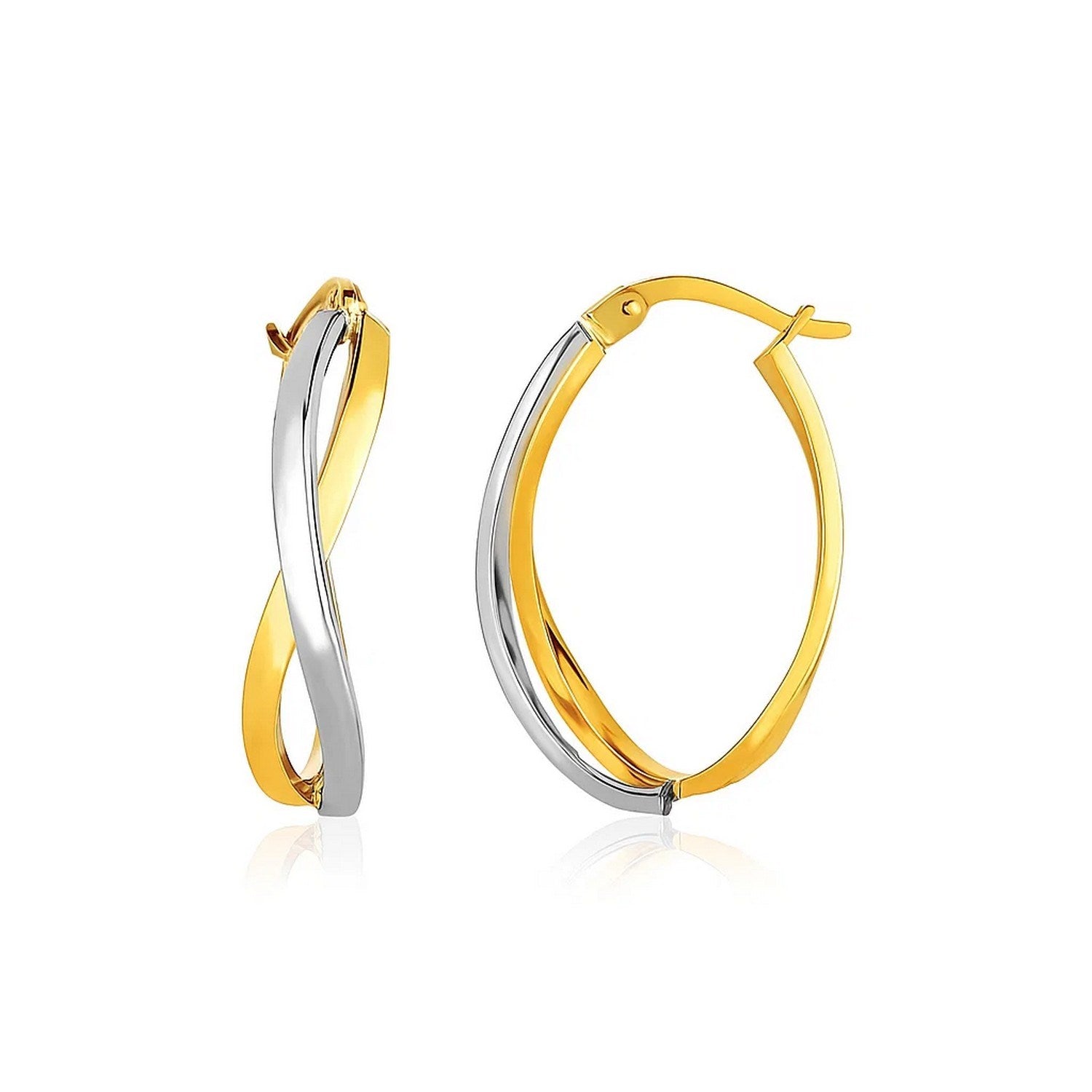 14k two-tone gold twisted style polished hoop earrings with hinge locks.