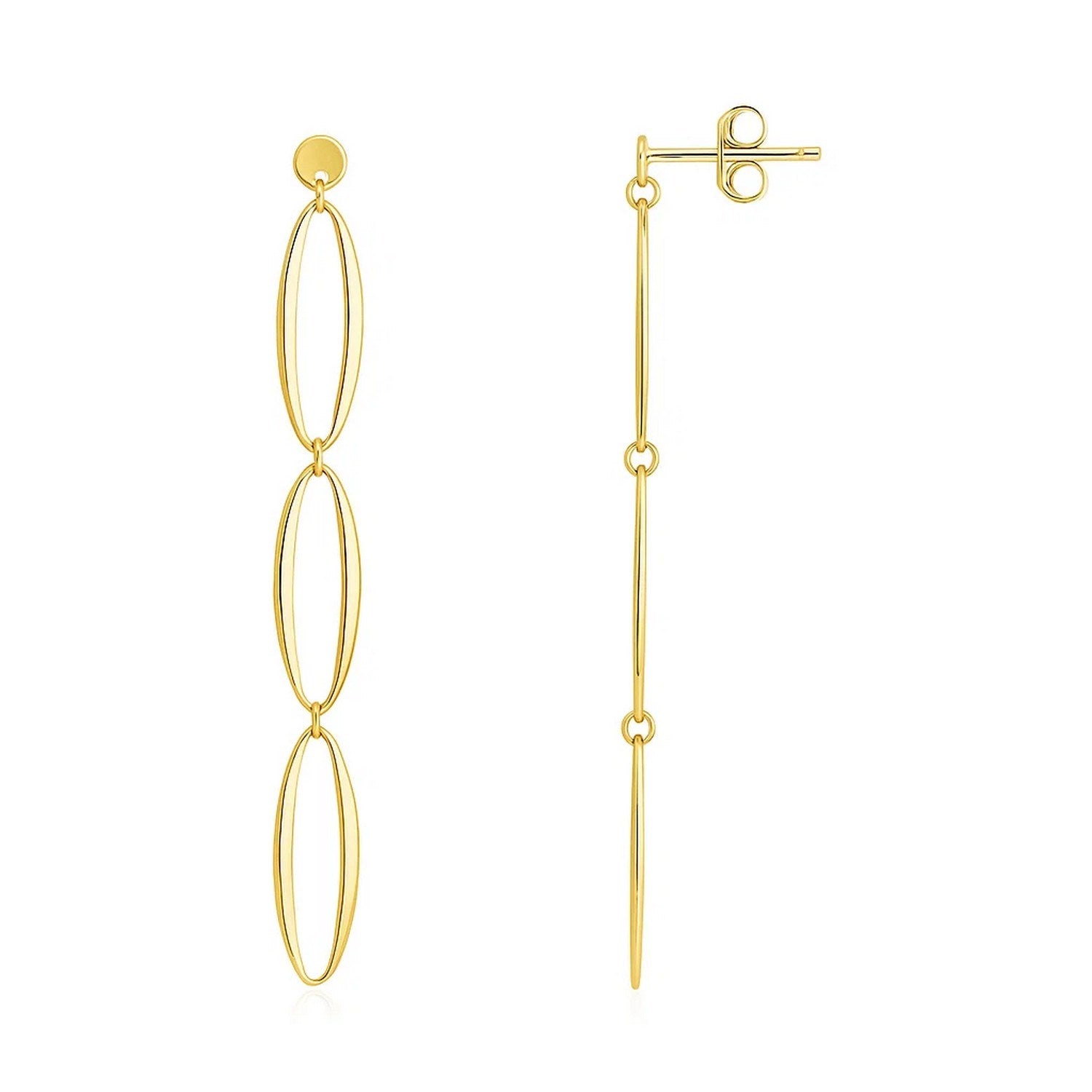 14K yellow gold triple oval fancy drop earrings with a push-back closure.