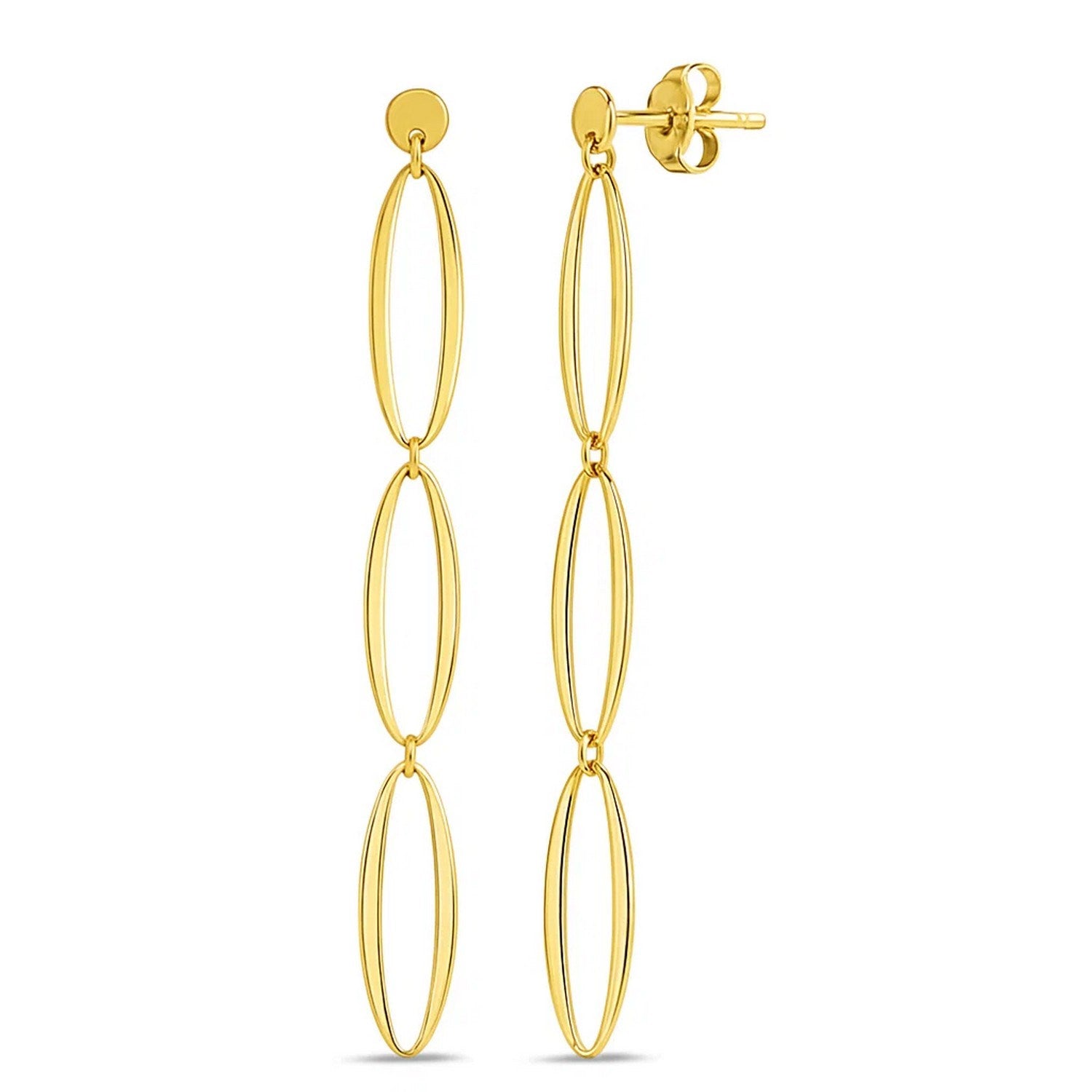 14K yellow gold triple oval fancy drop earrings with a push-back closure.
