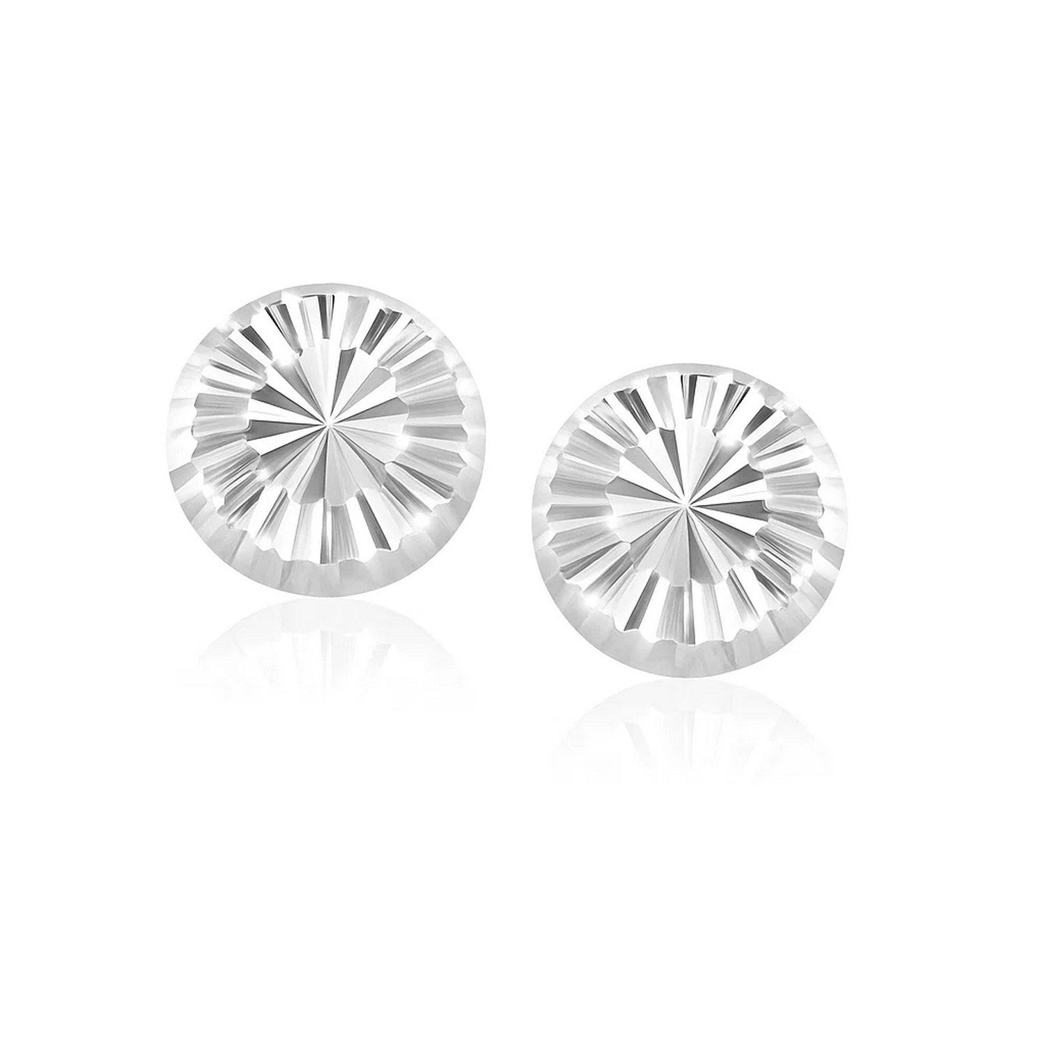 Pair of 14k white gold flat stud earrings with a diamond-cut sunburst design.