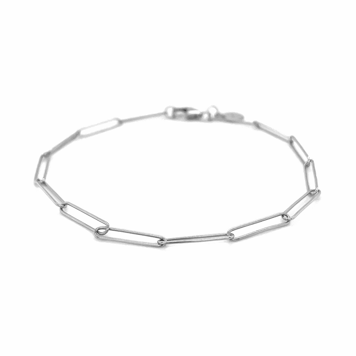 14k white gold paperclip bracelet with 2.7mm wide links and a lobster clasp.