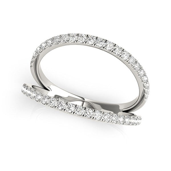 14k white gold split band ring with pave set round diamonds.
