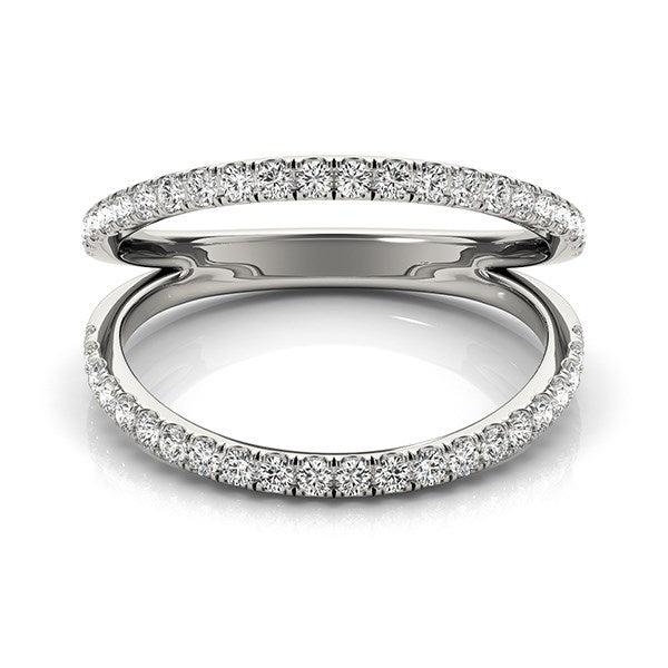 14k white gold split band ring with pave set round diamonds.