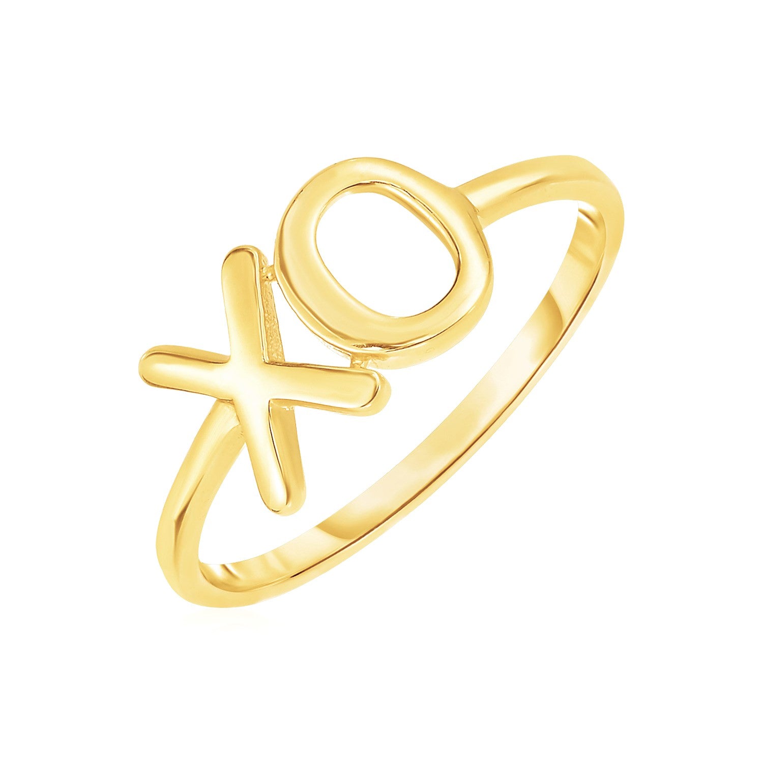 A 14k yellow gold ring features an "XO" design on a white background.
