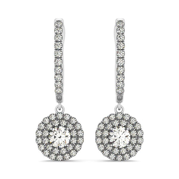 14k white gold double halo round diamond drop earrings with hinged backs.