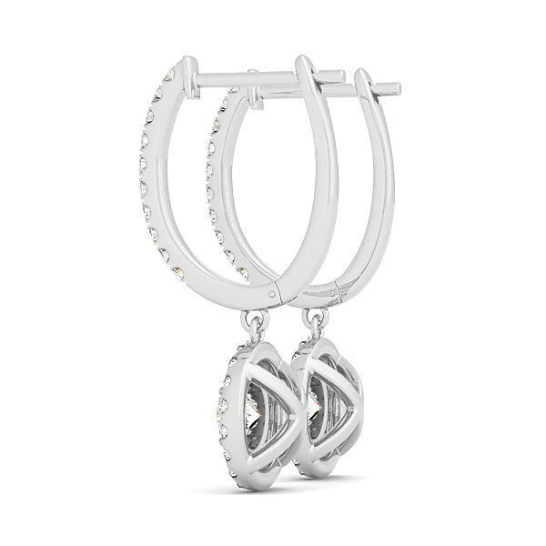 14k white gold double halo round diamond drop earrings with hinged backs.