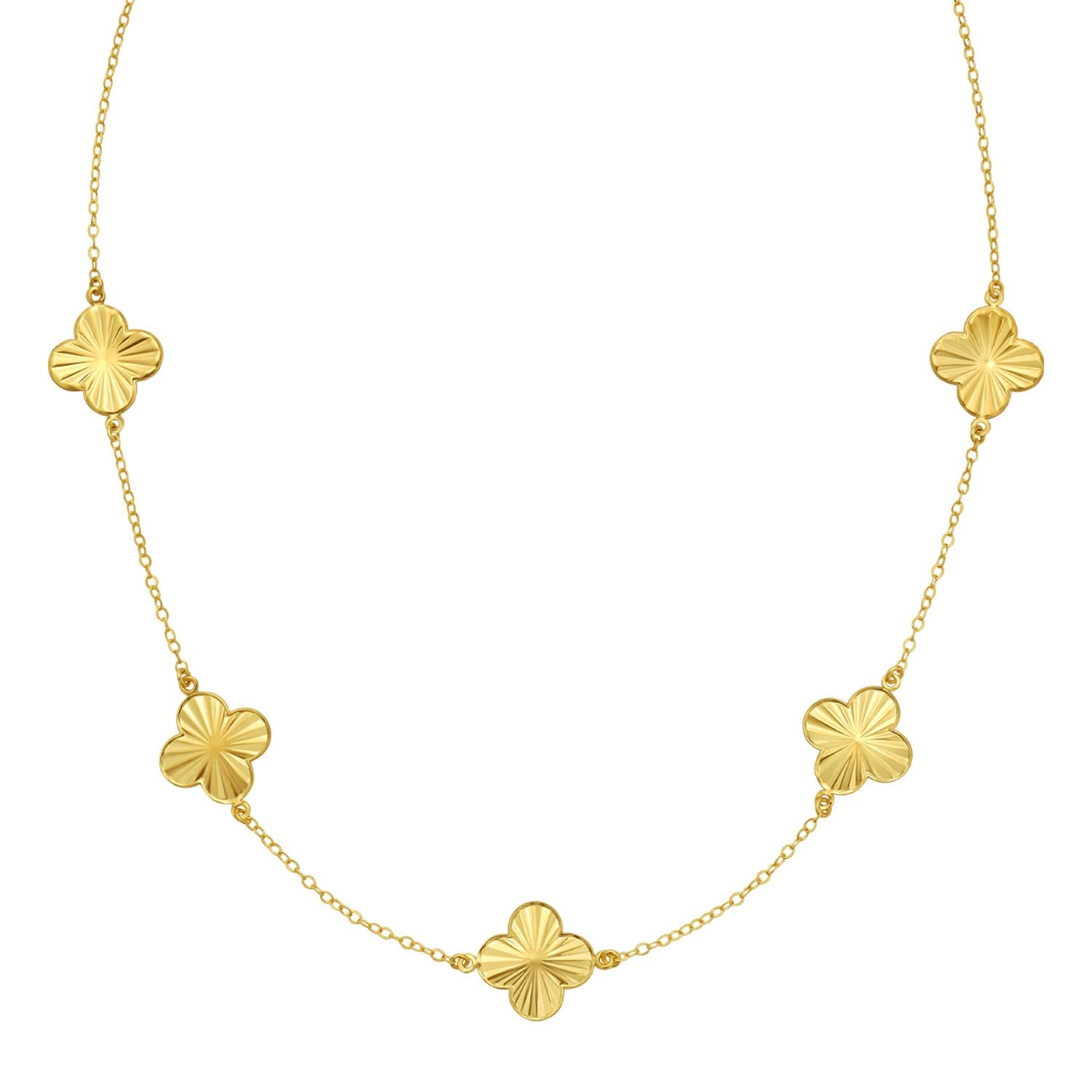14K yellow gold necklace with five textured clover charms.