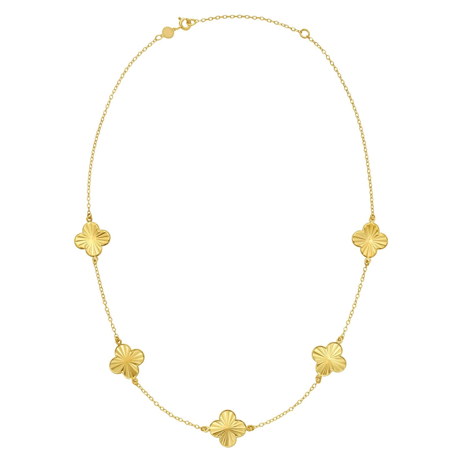 14K yellow gold necklace with five textured clover charms and a spring ring clasp.