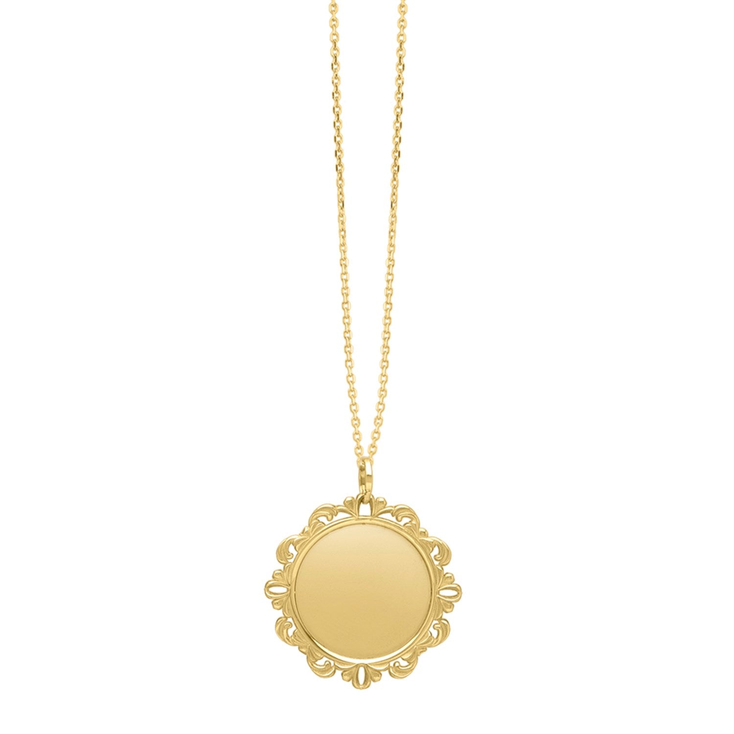 A 14K yellow gold baroque round pendant on an 18-inch chain.