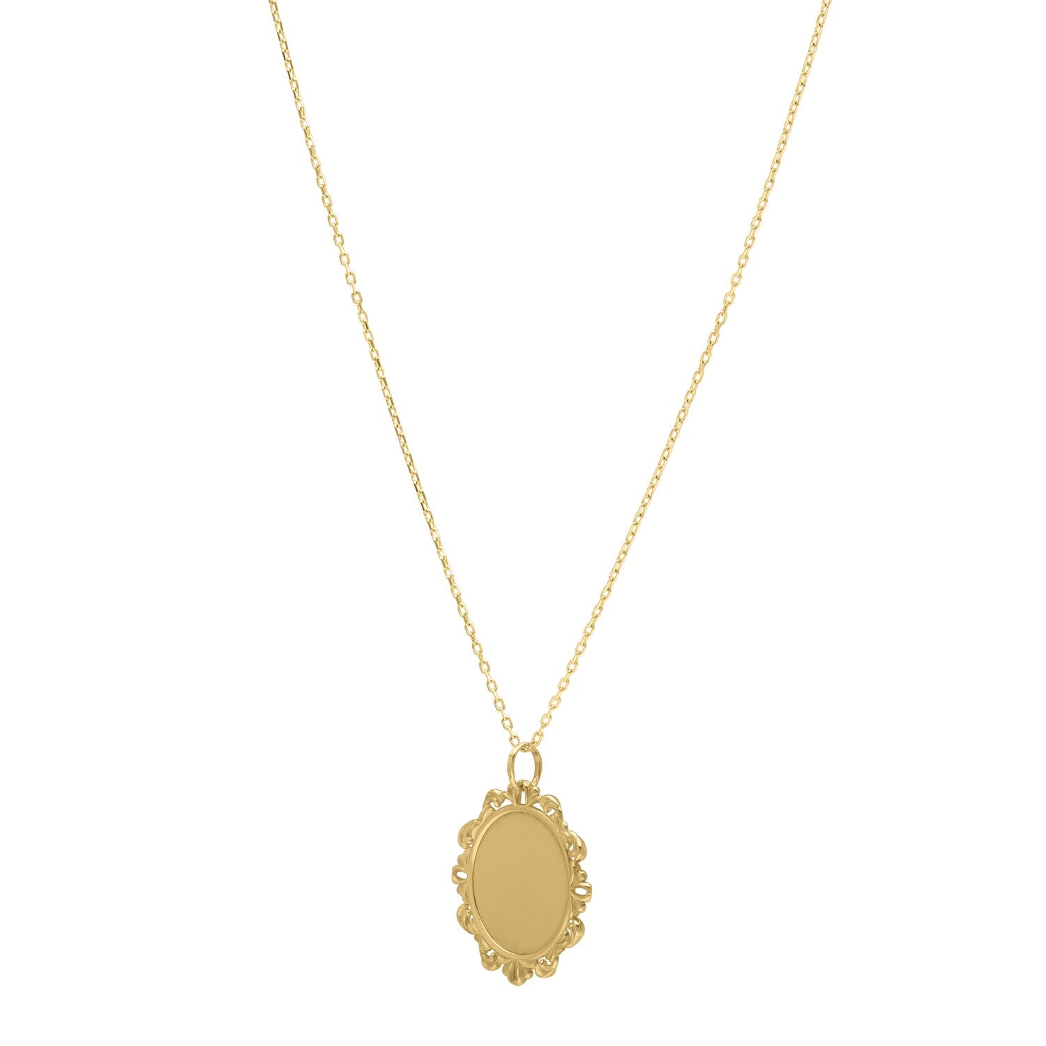 A 14K yellow gold baroque round pendant on a matching link chain.