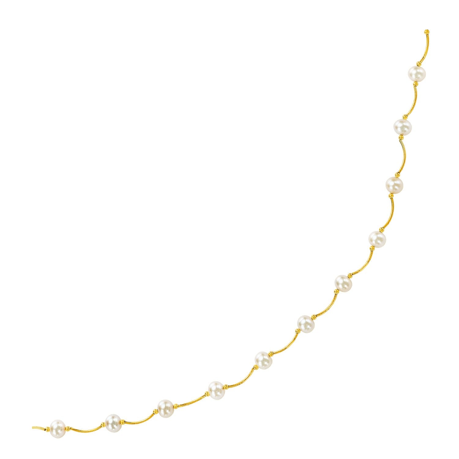 14k yellow gold arc link necklace with white pearls.