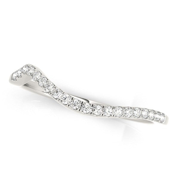 14k white gold modern curved wedding band with pave set round diamonds.