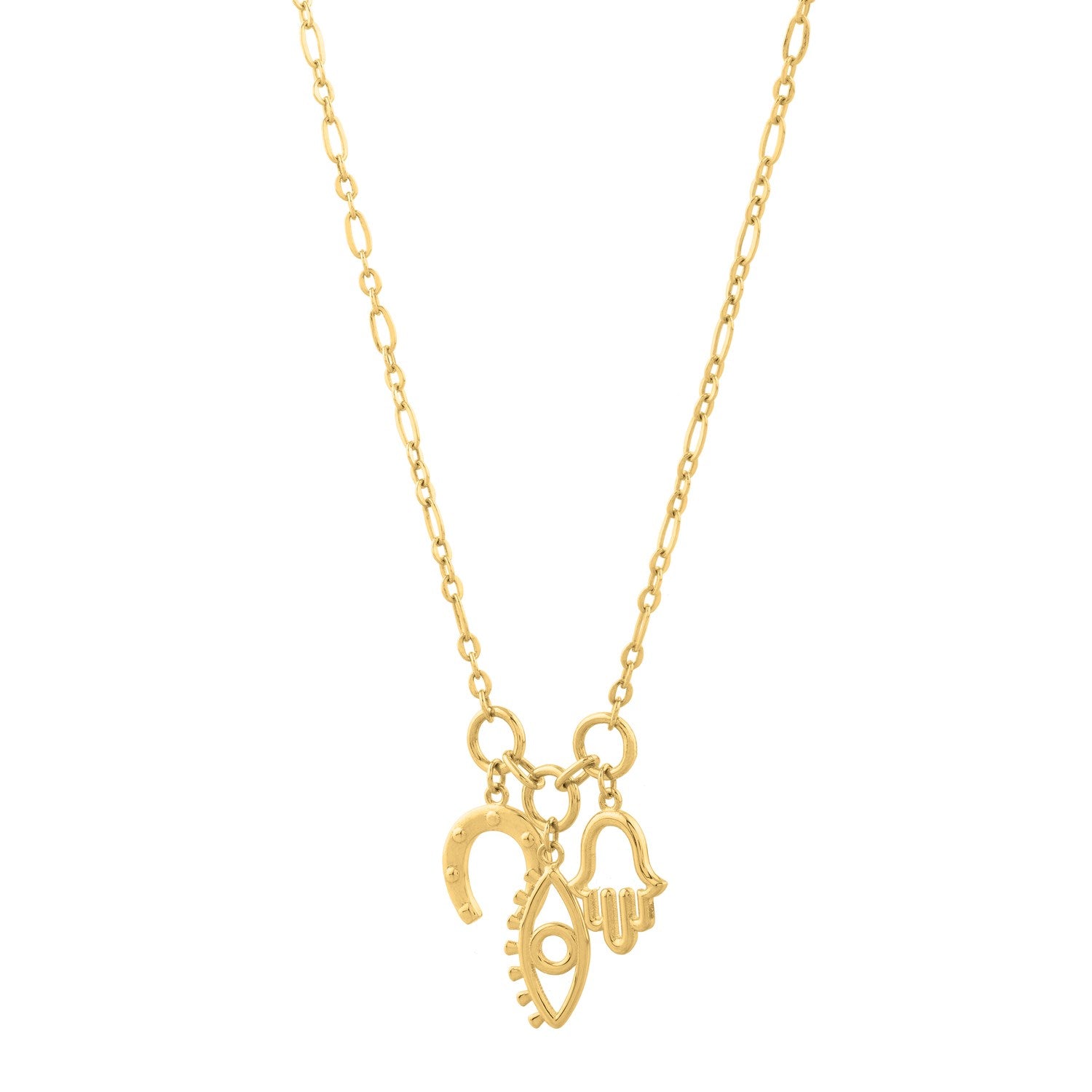 14K yellow gold drop necklace with a horseshoe, eye, and Hamsa charm.