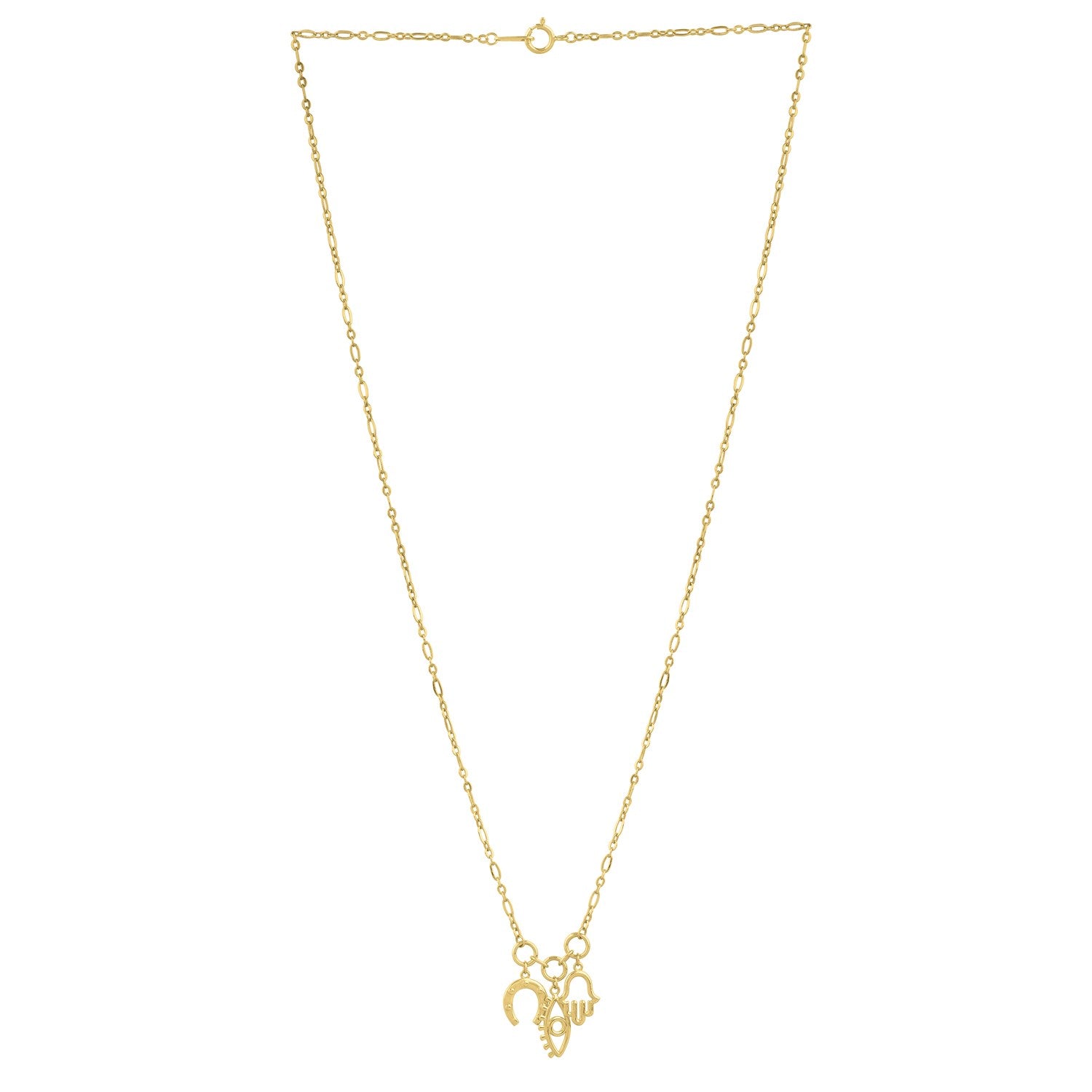 A 14K yellow gold drop necklace with a Hamsa, eye, and horseshoe charm.