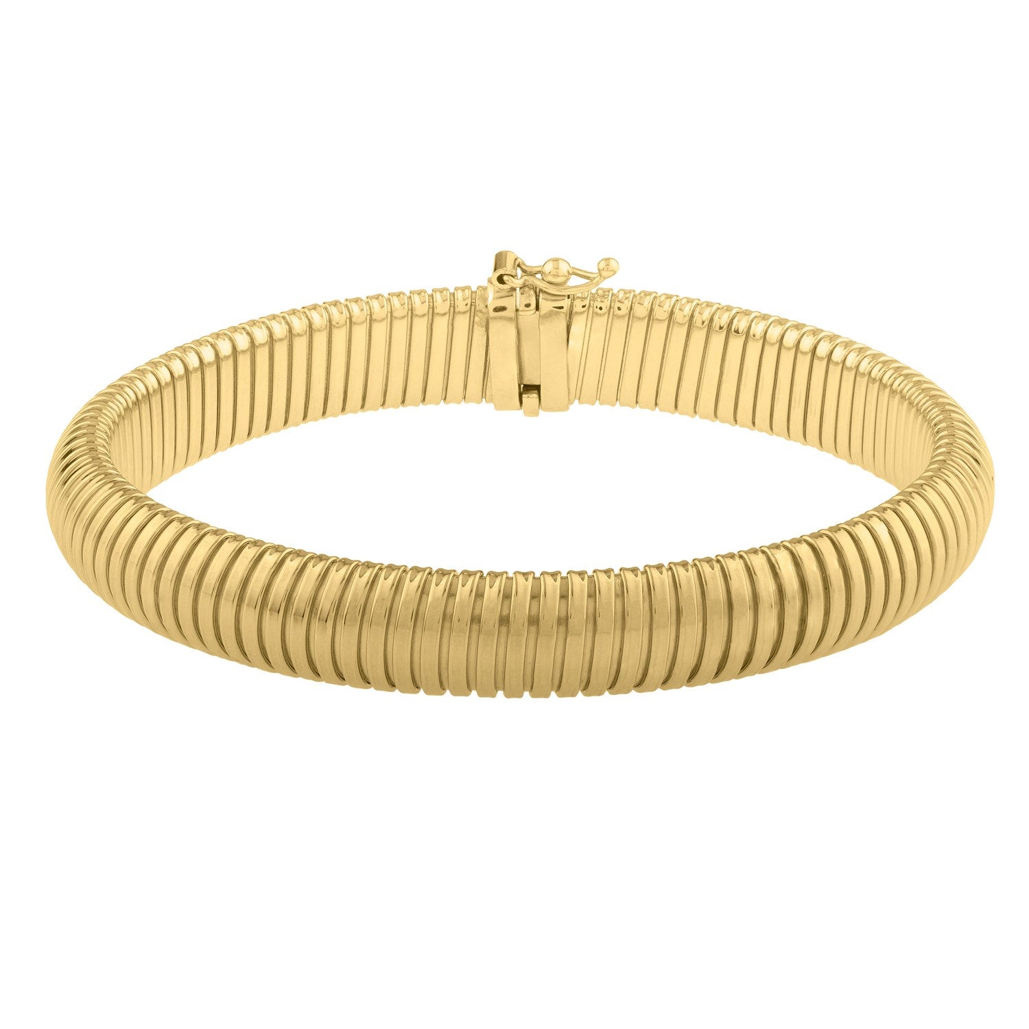 14K yellow gold tubogas bracelet with a box clasp.